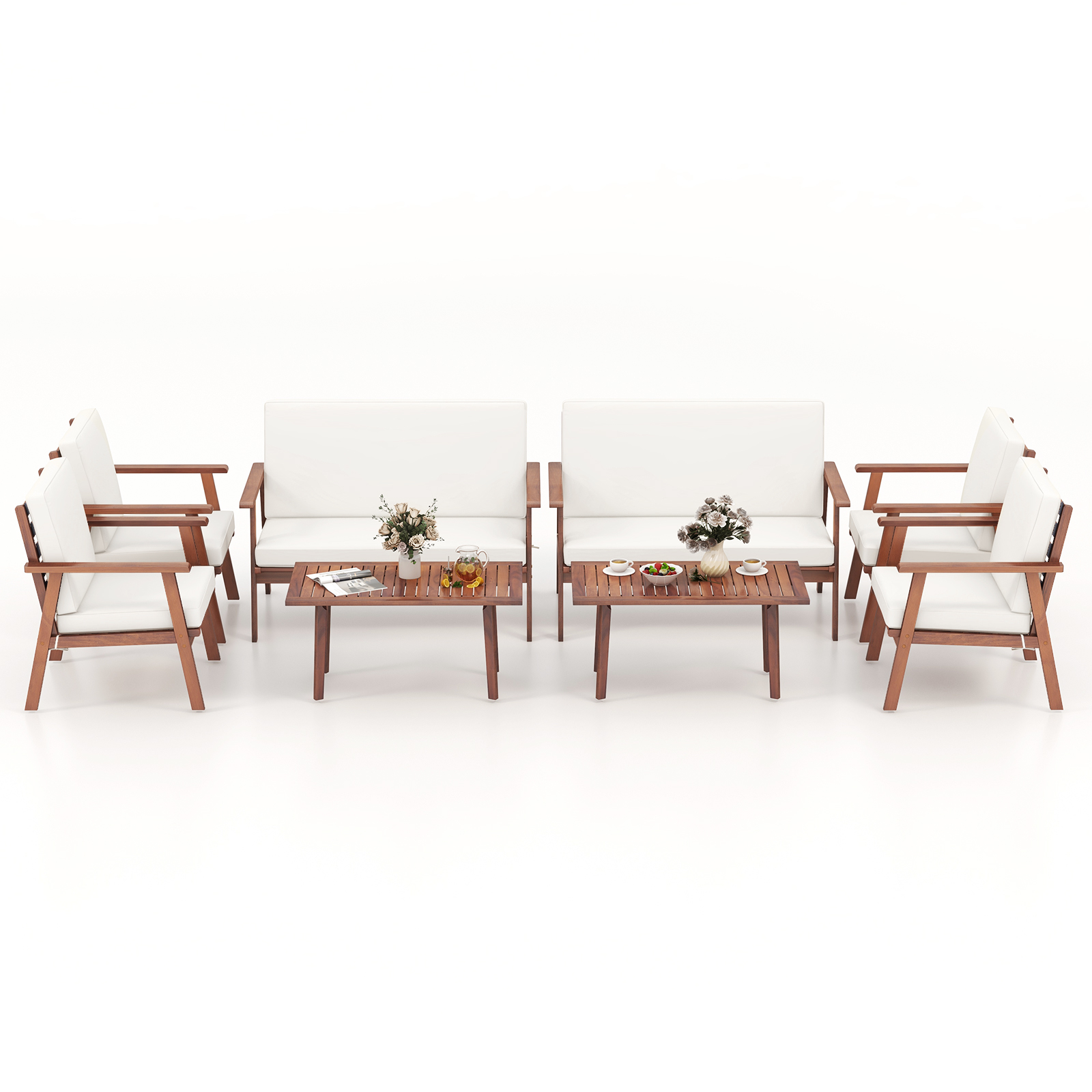 Costway 8 PCS Patio Conversation Set Acacia Wood Sofa Coffee Table with Cushioned Seat Grey/White