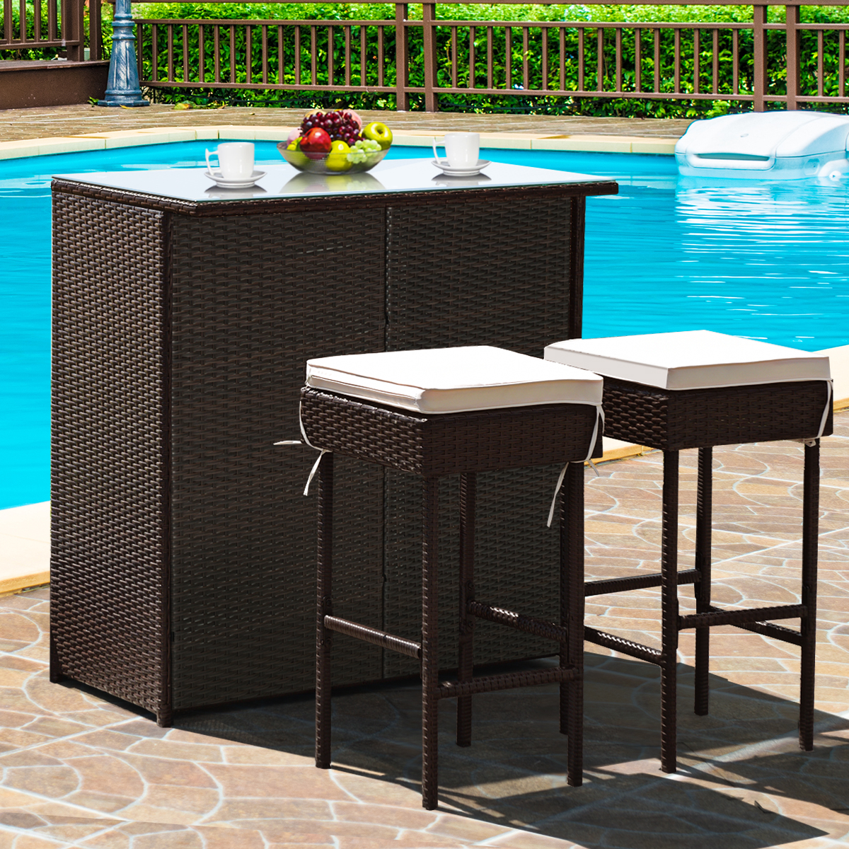 3 Piece Set: Costway Patio Rattan Wicker Bar Table Dining Set