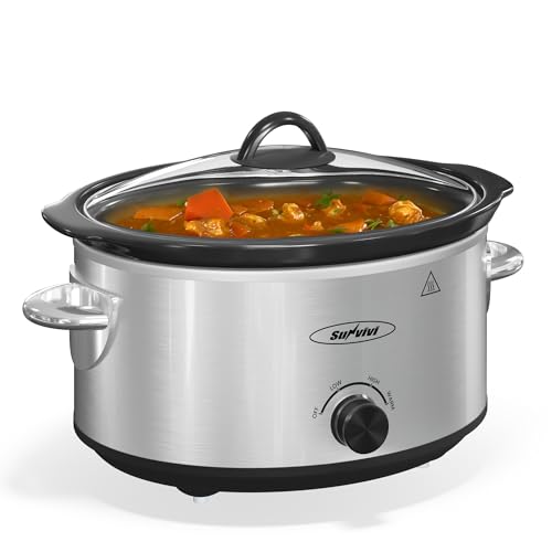 Slow Cooker 4QT, Mini Food Warmer with 3 Heating Settings, Removable Ceramic Pot, Dishwasher Safe Glass Lid, Stainless Steel, Silver