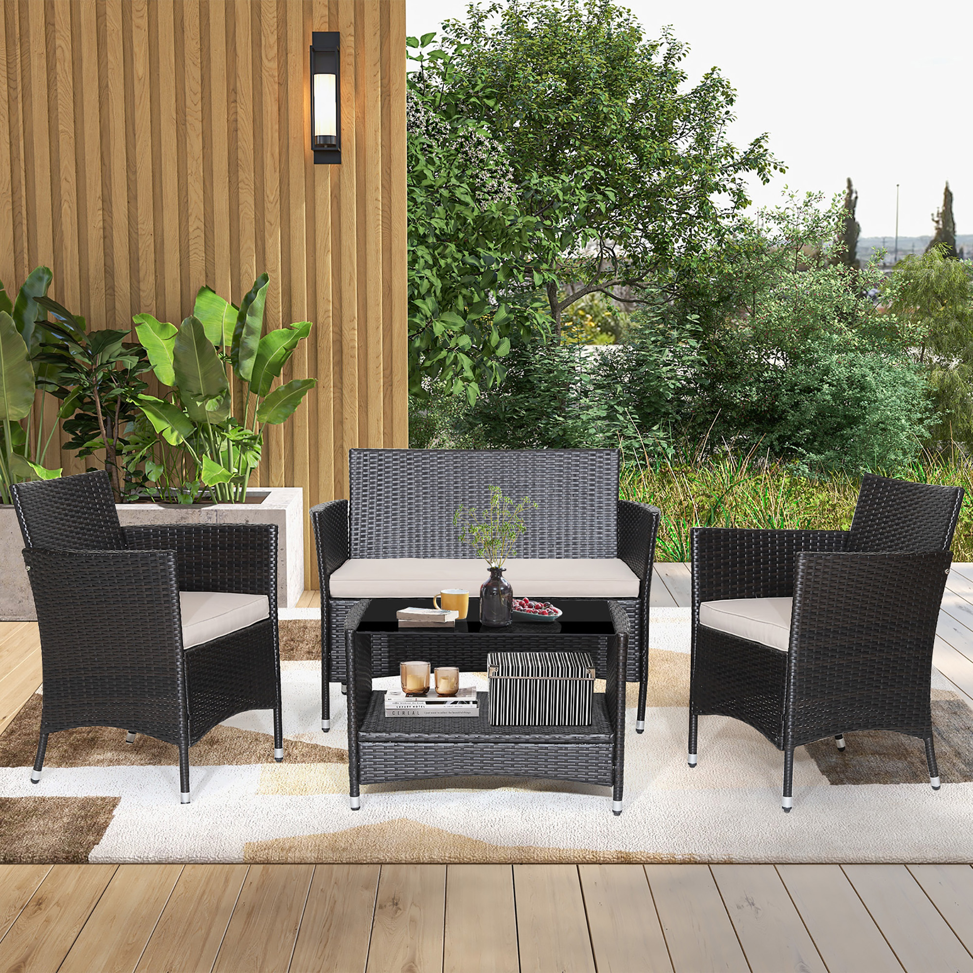 Costway 4PCS Outdoor Patio Rattan Furniture Set Cushioned Sofa Coffee Table Garden Deck