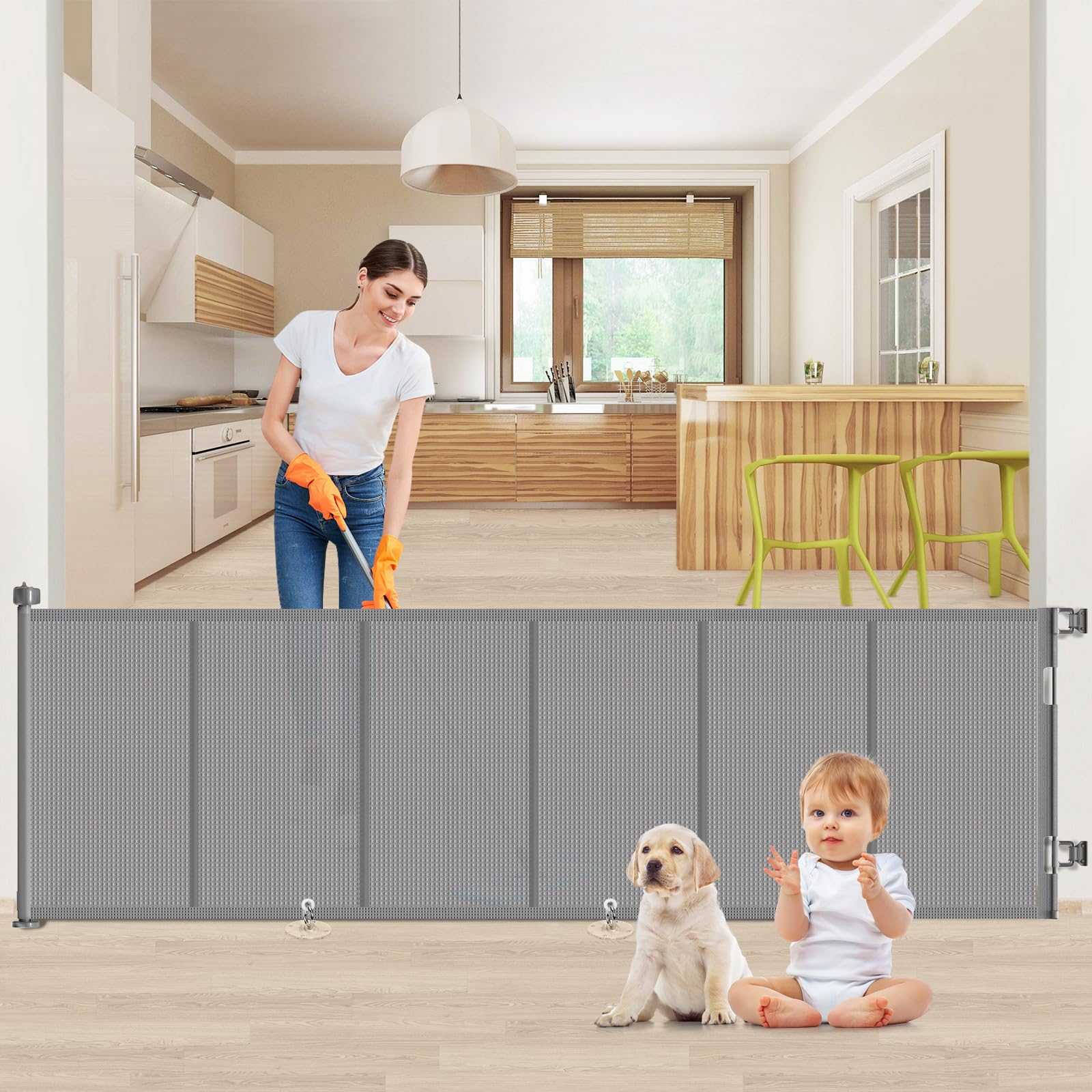 EZIGO UPGRADE 120 INCH RETRACTABLE BABY GATES SIZ 34'' X 120'' - GRAY