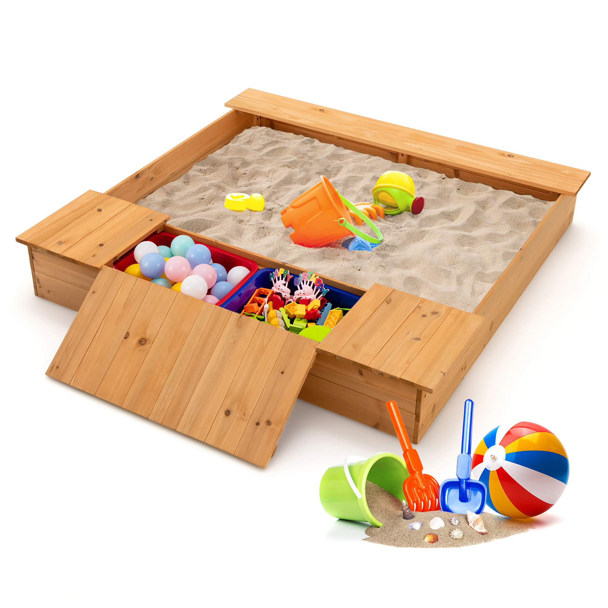 Kids Wooden Sandbox w/ Bench Seats & Storage Boxes