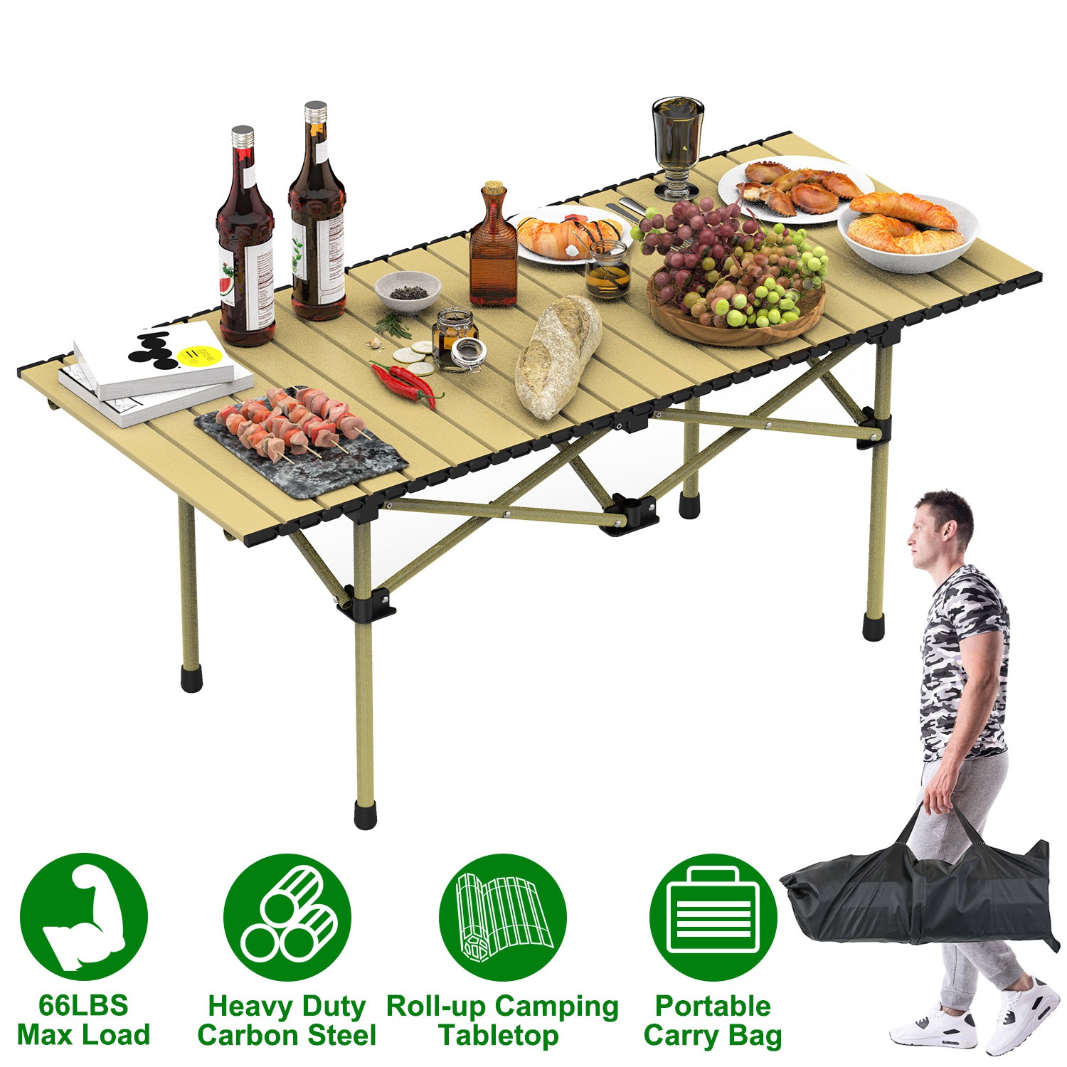 Folding Camping Table Portable Lightweight Carbon Steel Roll-up Picnic BBQ Desk with Carry Bag Heavy Duty for Backyard Party Patio Picnic