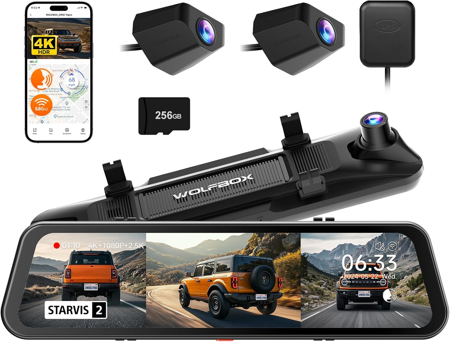 WOLFBOX G900 Tripro Bumper Version 3 Channel 4K Mirror Dash Cam