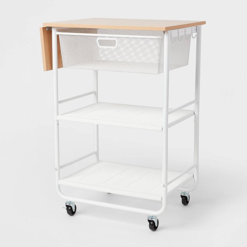 Brightroom Modern Plastic Steel Wood 3 Shelves Hooks Storage White Rolling