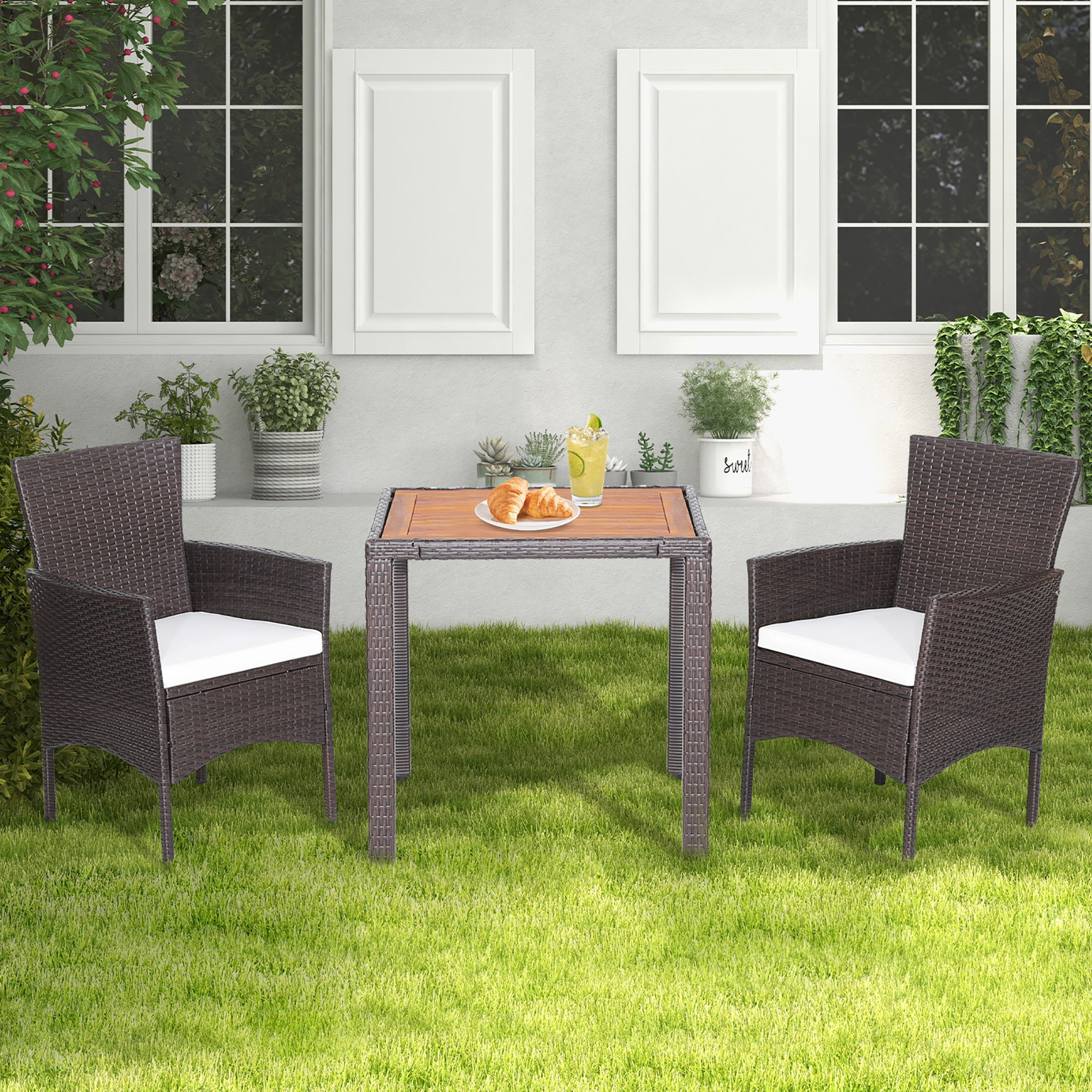 Costway 3-Piece Patio Wicker Dining Set Acacia Wood Table Top with Cushioned Chairs