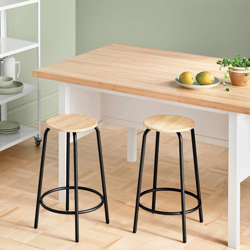 2-Pack 24" Wood with and Metal Base Backless Counter Height Barstool Stool