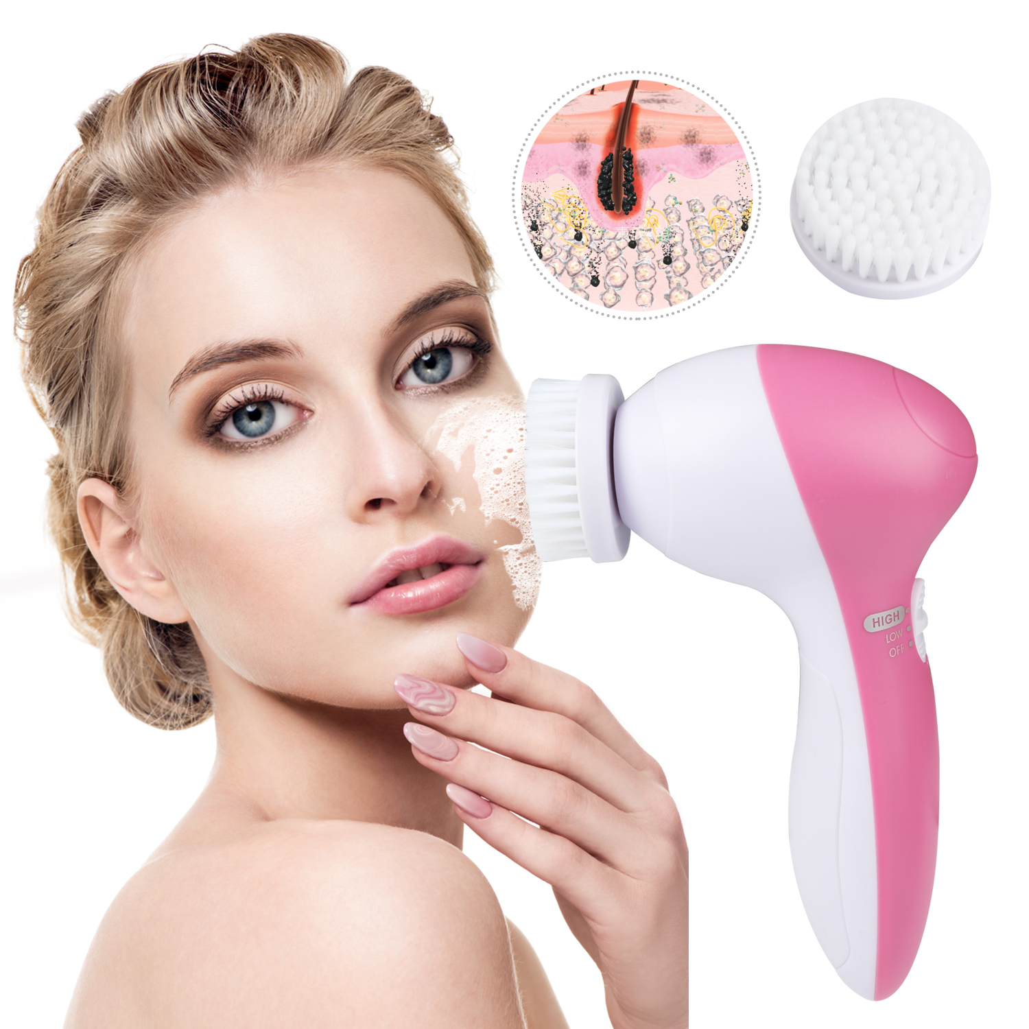 Facial Cleansing Brush Waterproof Face Spin with 5 Heads
