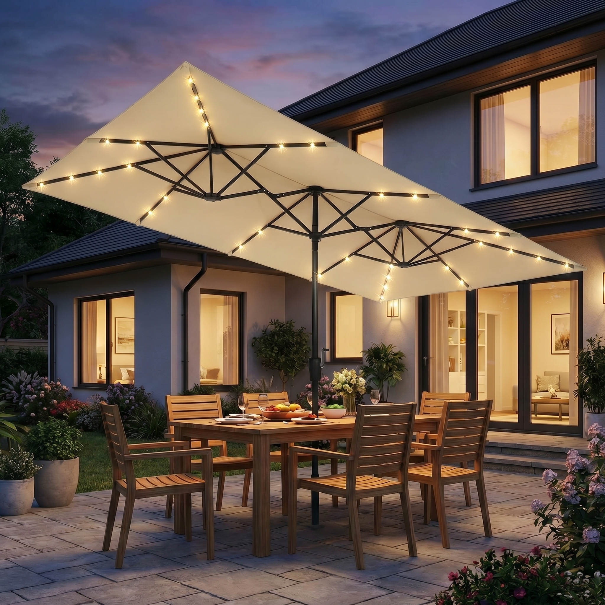 5FT Solar LED Double-Sided Patio Umbrella – Rectangular Outdoor Market Canopy with Crank (No Base)