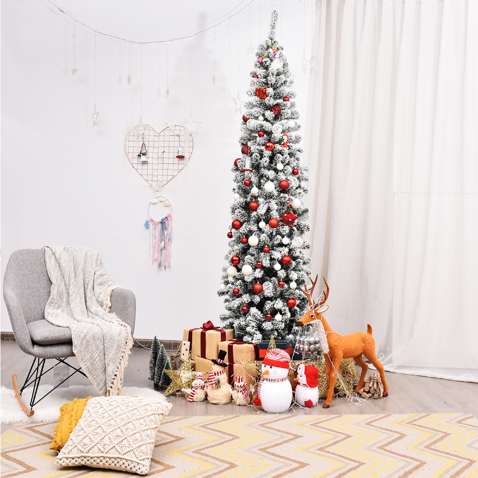 Costway 7.5Ft Unlit Hinged Snow Flocked Artificial Pencil Christmas Tree w/ 641 Tips