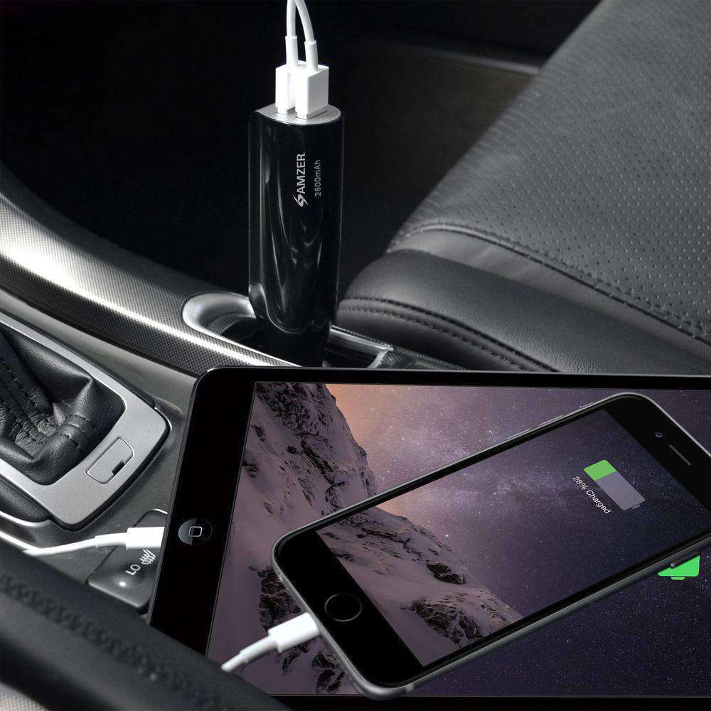 AMZER 2-in-1 Universal 2800mAh Power Bank & Dual-USB Fast Car Charger