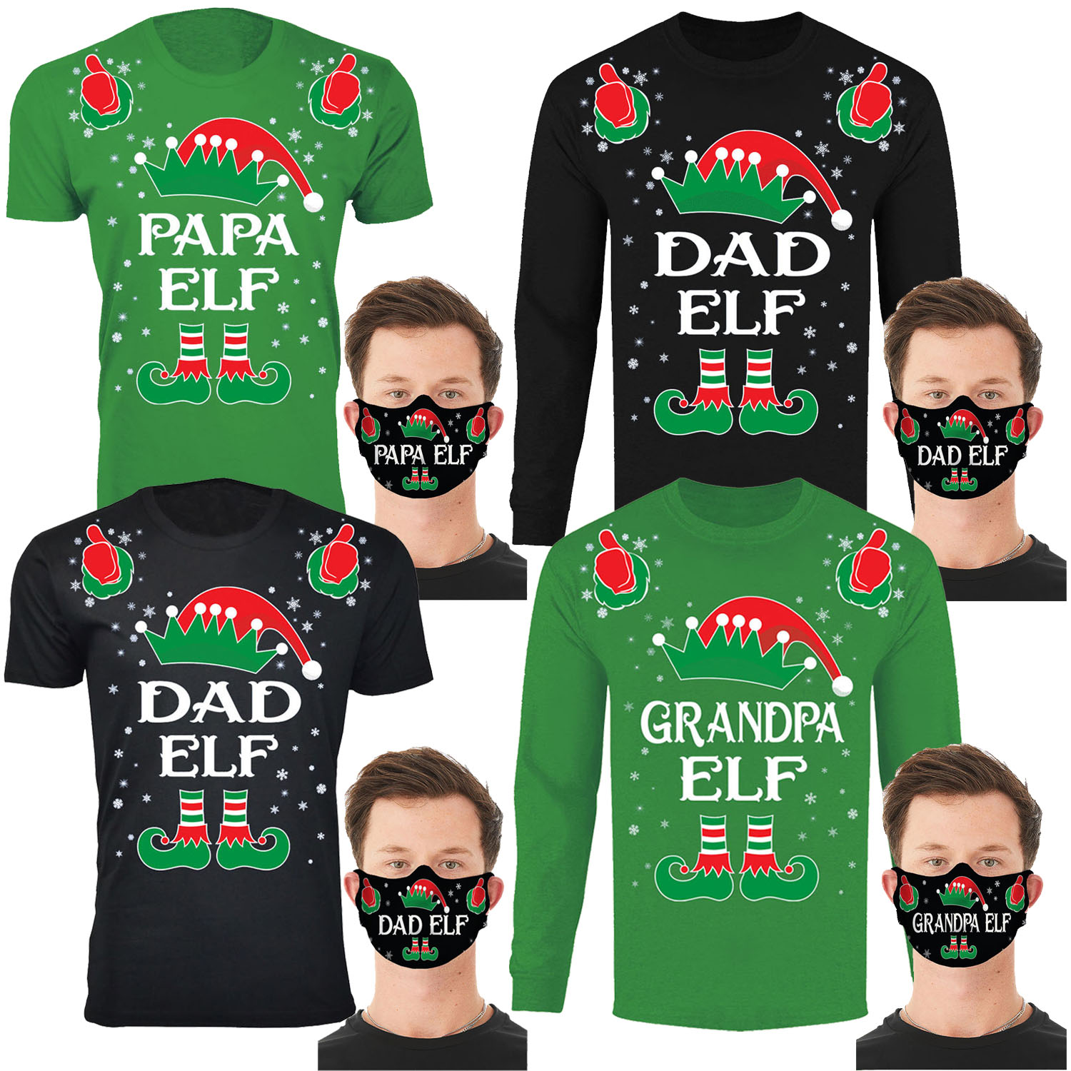 Men's Family Elf Christmas T-Shirts and Long Sleeve Shirts with Free Mask