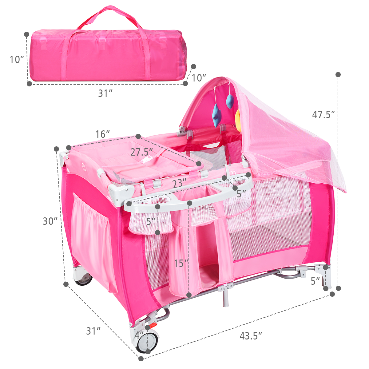 Costway Foldable Baby Crib Playpen Travel Infant Flat Bassinet Bed Mosquito Net Music with Bag Blue/Pink