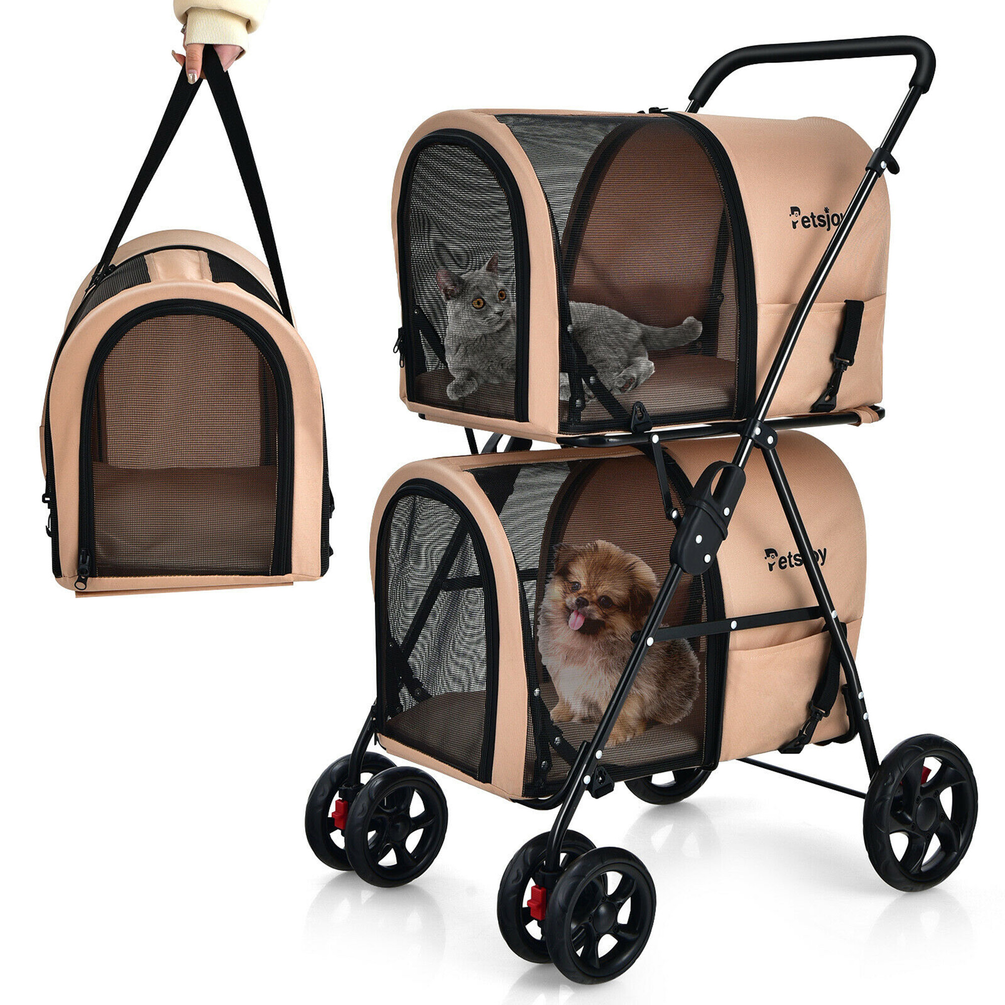 4-in-1 Double Pet Stroller w/ Detachable Carriers
