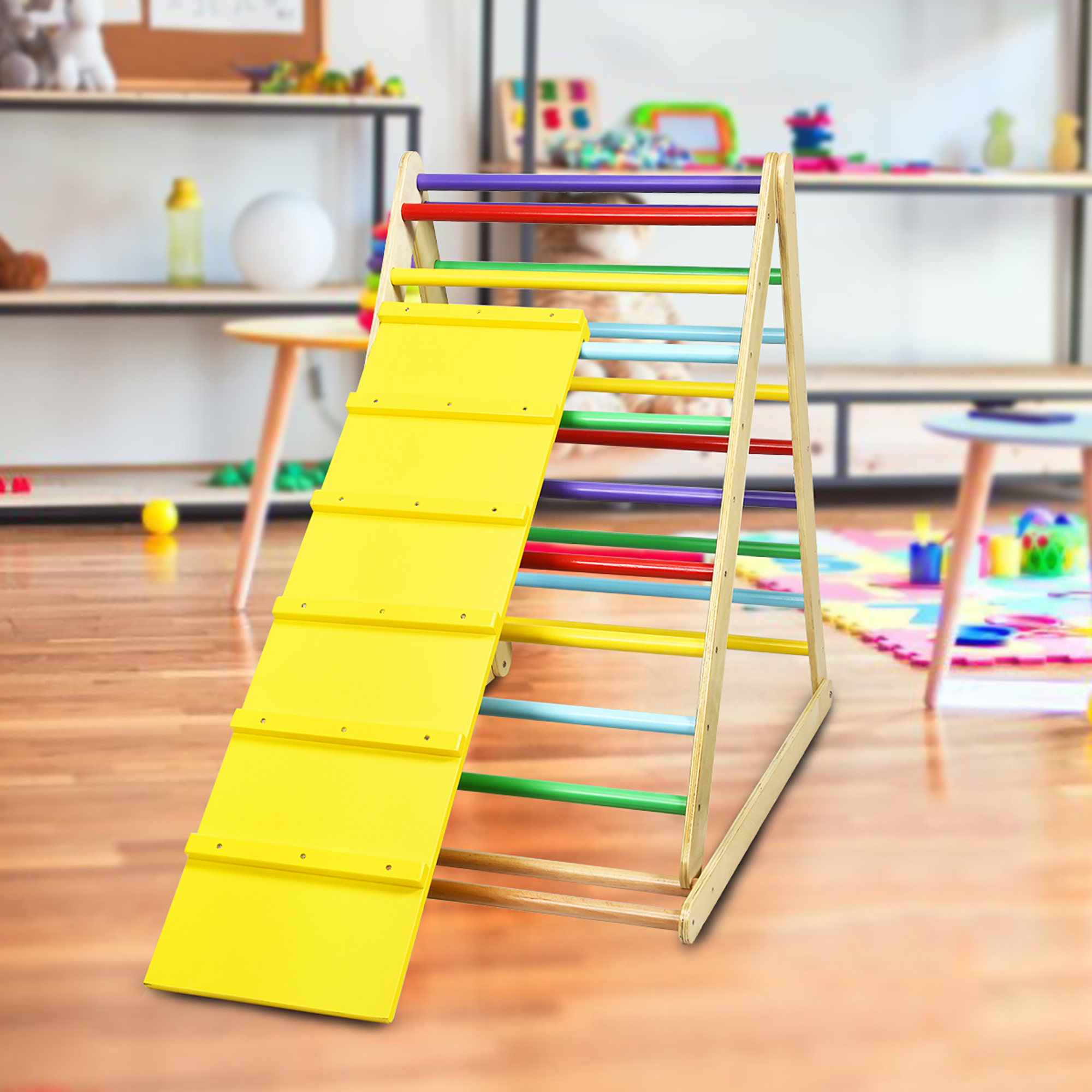 Costway Foldable Wooden Climbing Triangle Indoor Climber w/Ladder for Baby Toddler