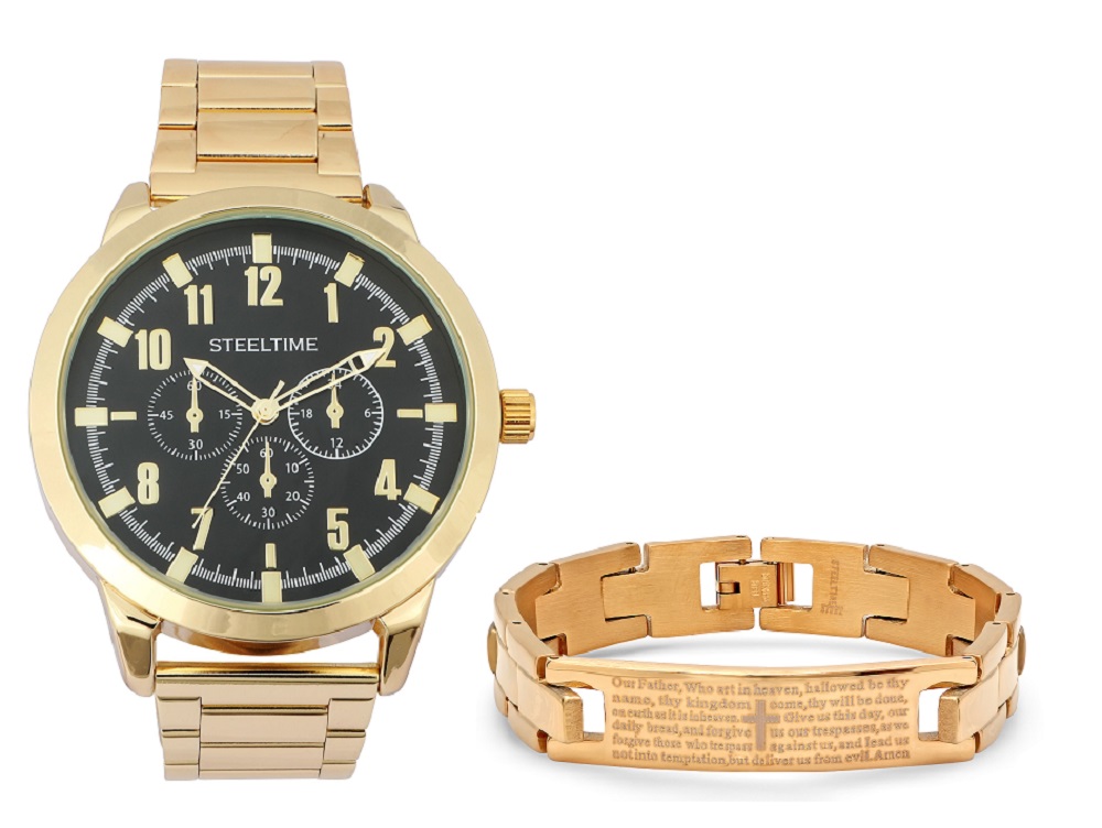 Bracelet & Watch Set W/ Gold Our Father Id Bracelet