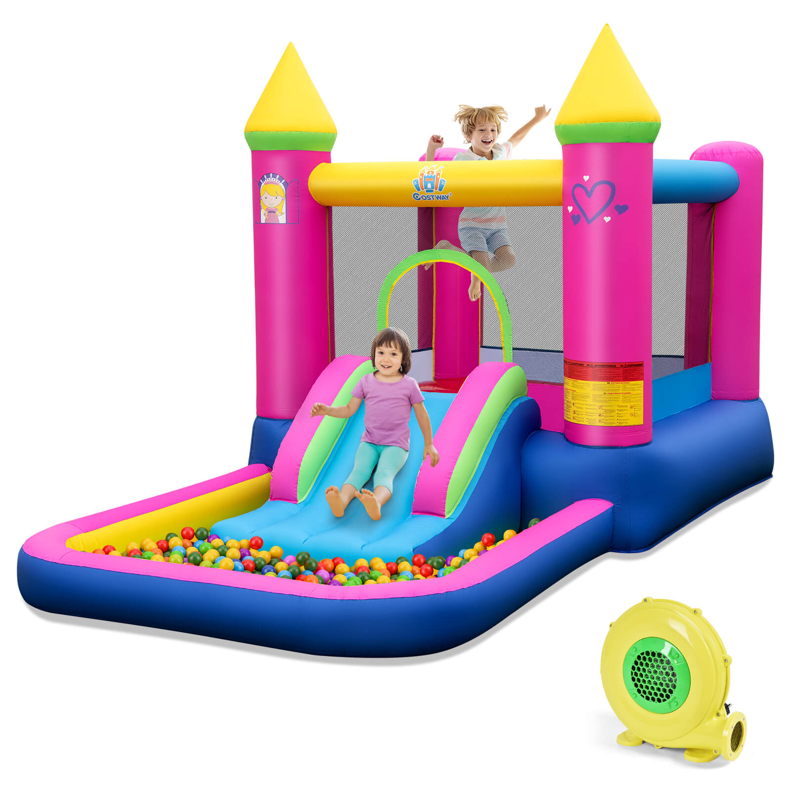 Costway 4-in-1 Princess Bouncy House with Slide & Hoop and 480W Blower