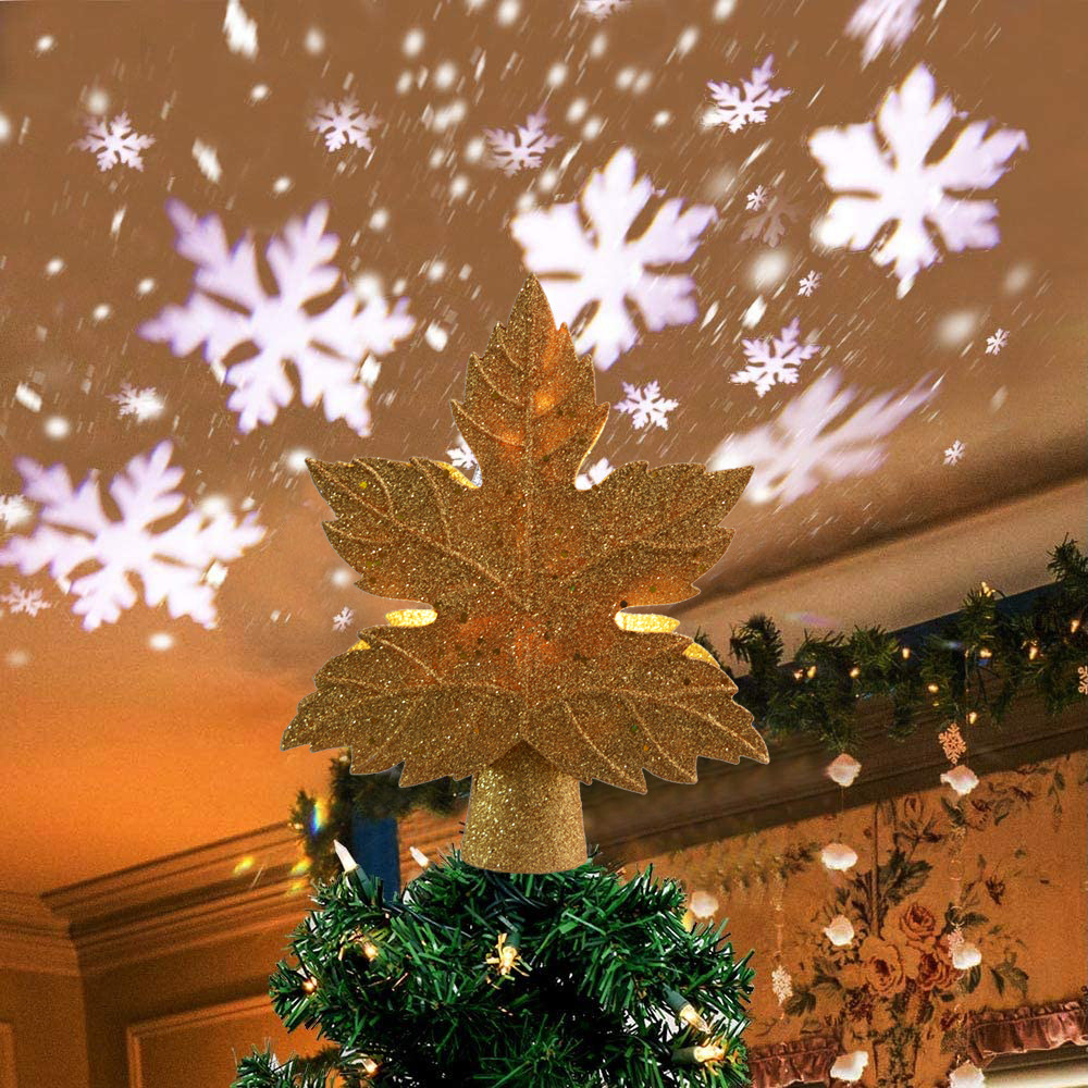 Christmas Tree Topper Lighted Maple Leaf Snowflake Projector Lights Decorations