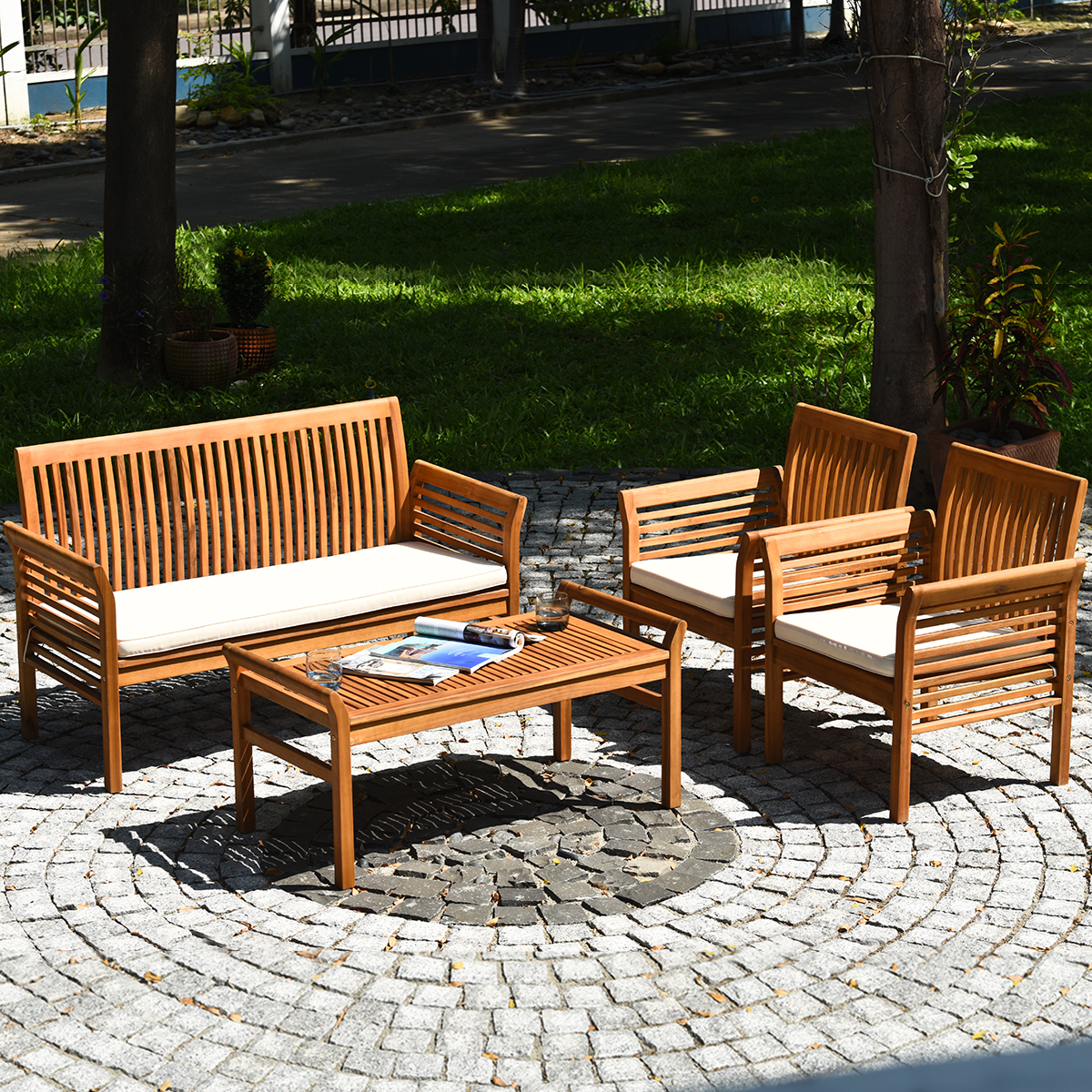 Costway 8 PCS Outdoor Acacia Wood Sofa Furniture Set Cushioned Chair Coffee
