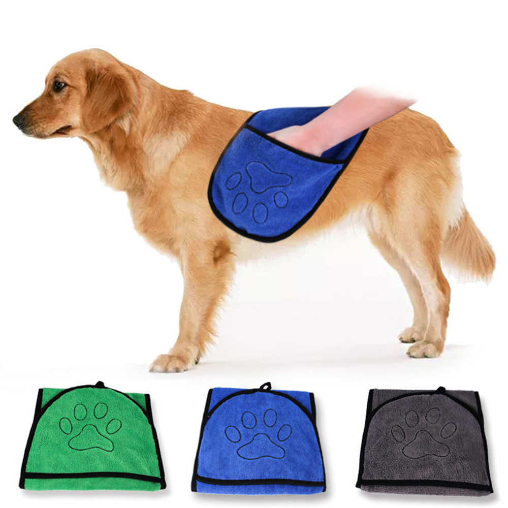 2PCS Pet Dog Cat Absorbent Bath Towel Pet Drying Towel Blanket With Pocket