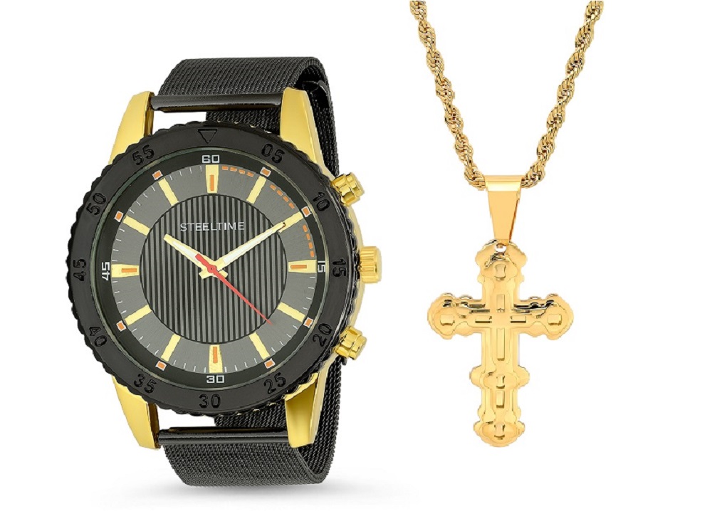 Pendant & Watch Set W/ Double Cross Pendant Chain