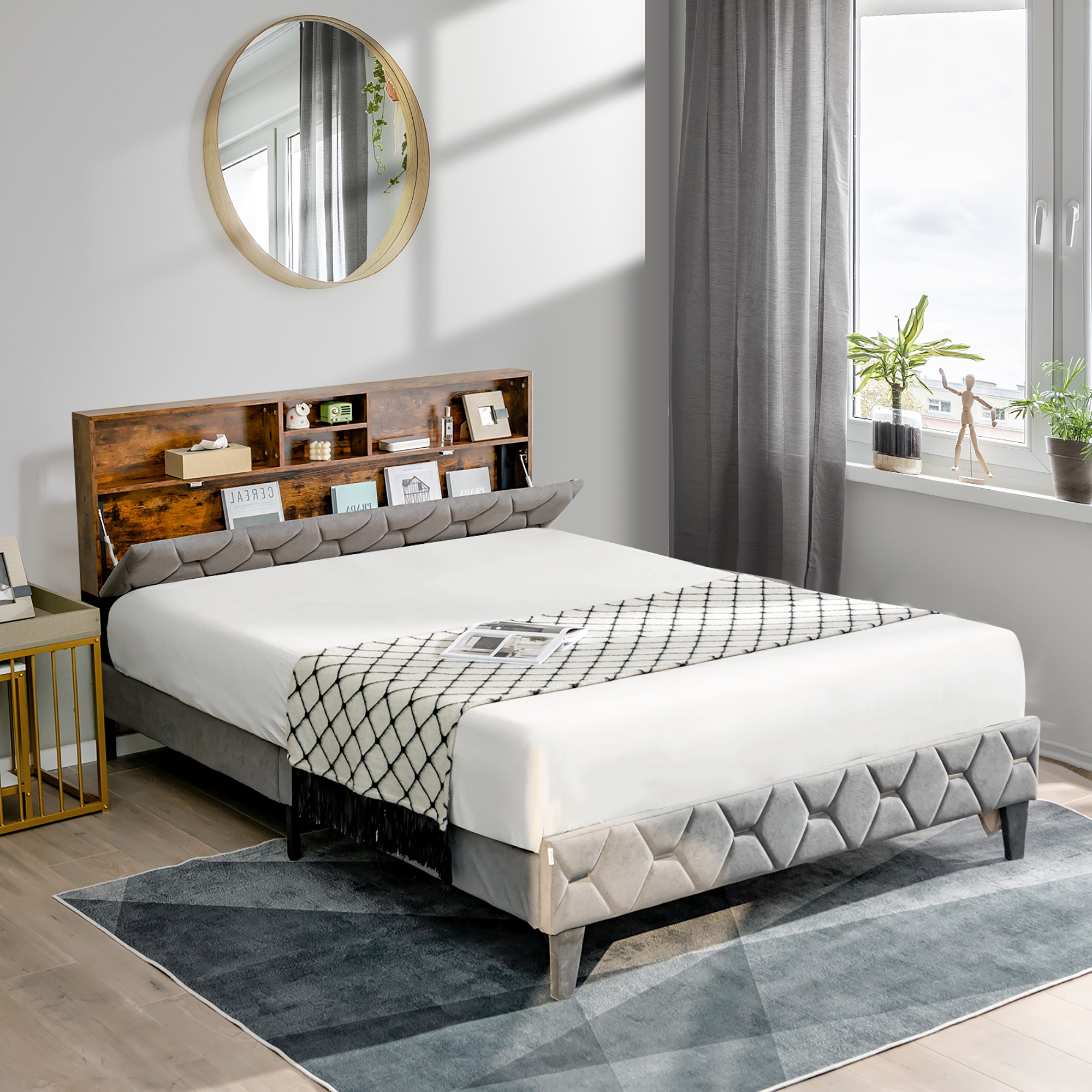 Costway Queen Bed Frame Upholstered Platform Mattress Foundation with Storage Headboard