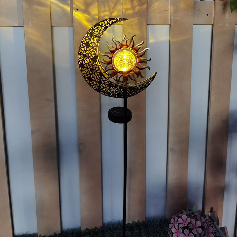 Garden Solar Light Moon with Sun Decor Crackle Glass Globe Metal Garden Stake Light