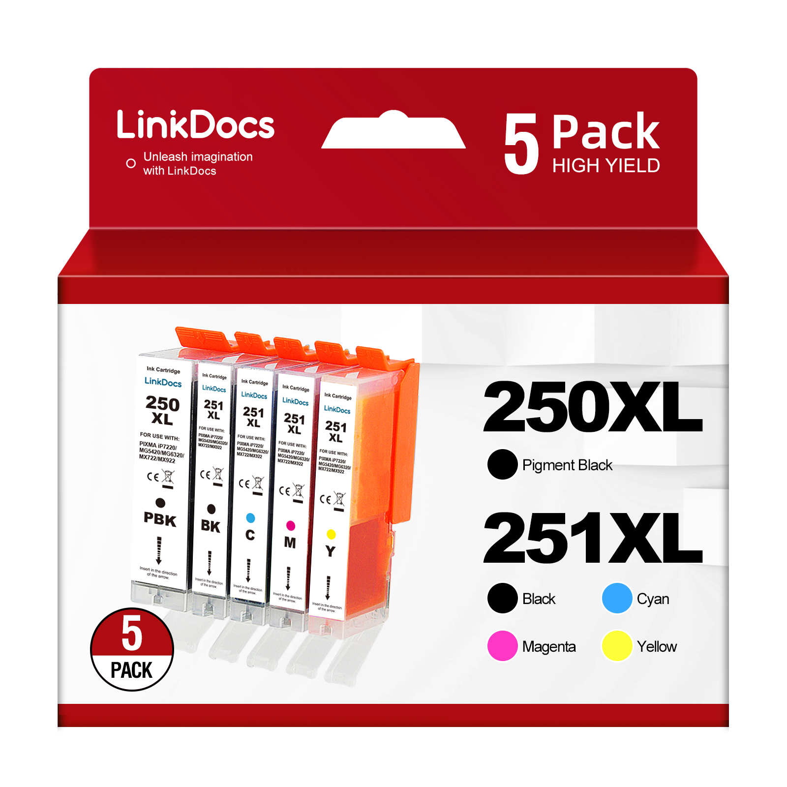 5-Pack Replacement for Canon PGI250XLBK/CLI251XL BCMY Ink