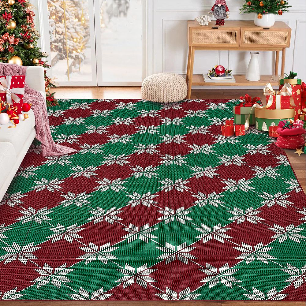 Garvee 3' x 5' Christmas Area Rug Red & Green w/ Snowflakes - Washable Low