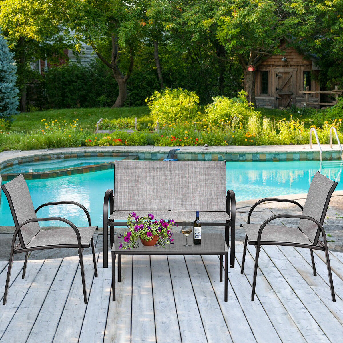 4-Piece Steel Frame Garden Deck Set With Coffee Table
