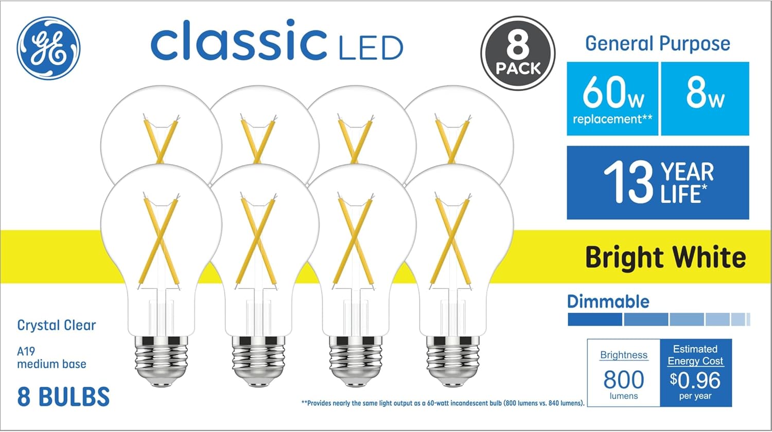 16-Pack GE Classic LED Light Bulbs, 60 Watt, Bright White (2-Packs of 8)