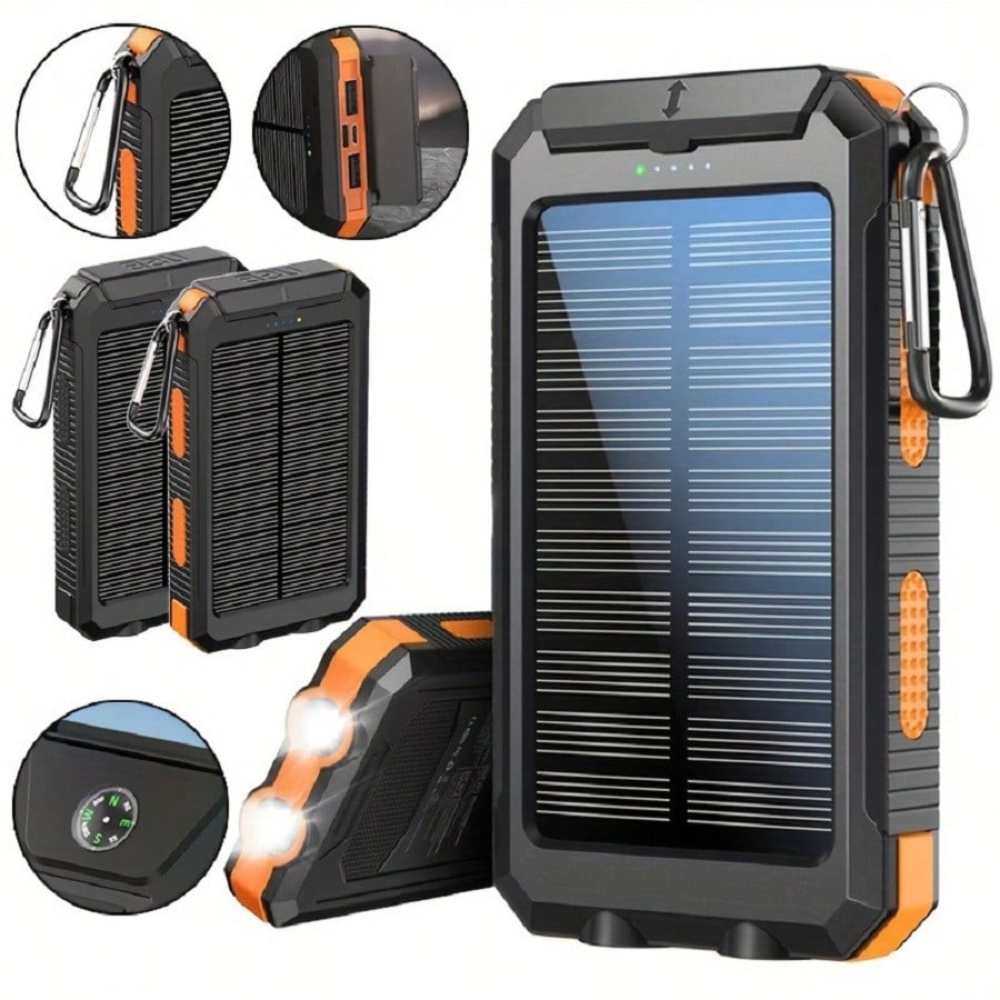 Heavy-Duty Solar Charger with Double LED and Compass - 10,000 mAH