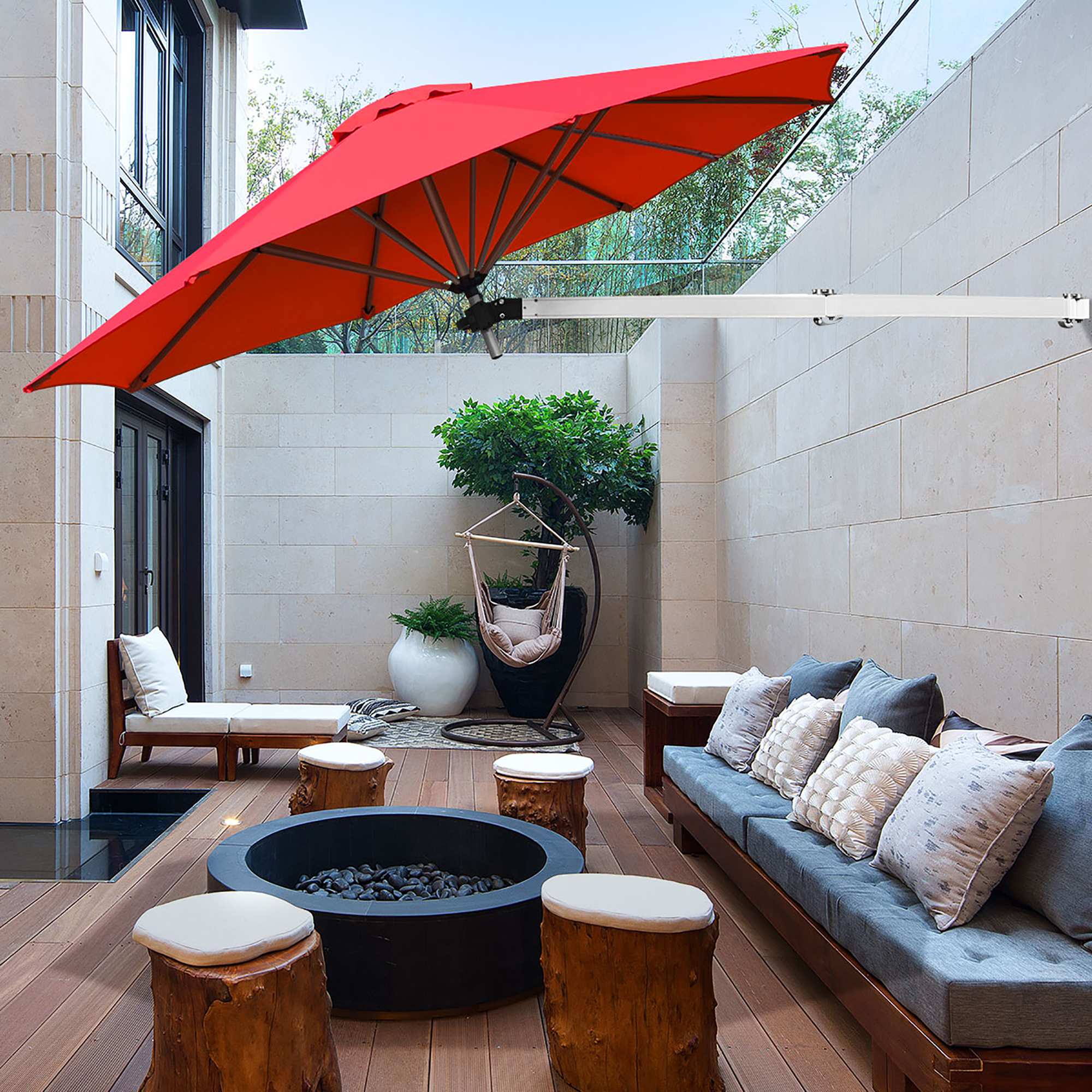 8ft Wall-Mounted Umbrella W/ Folding Tilt Sun Shade
