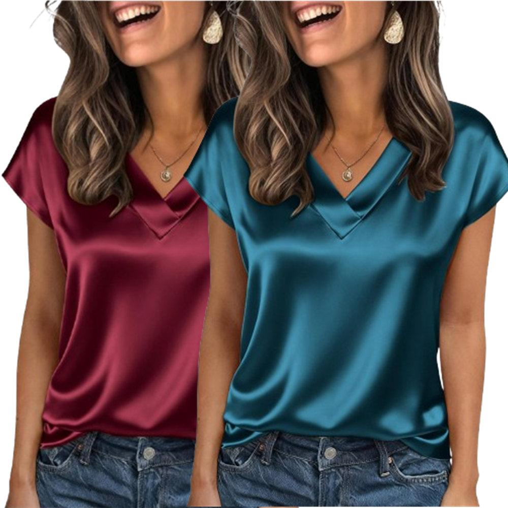 2-Pack Women Silk Satin Tops Cap Short Sleeve Blouse V Neck Shirts Business Casual Outfits S-2XL