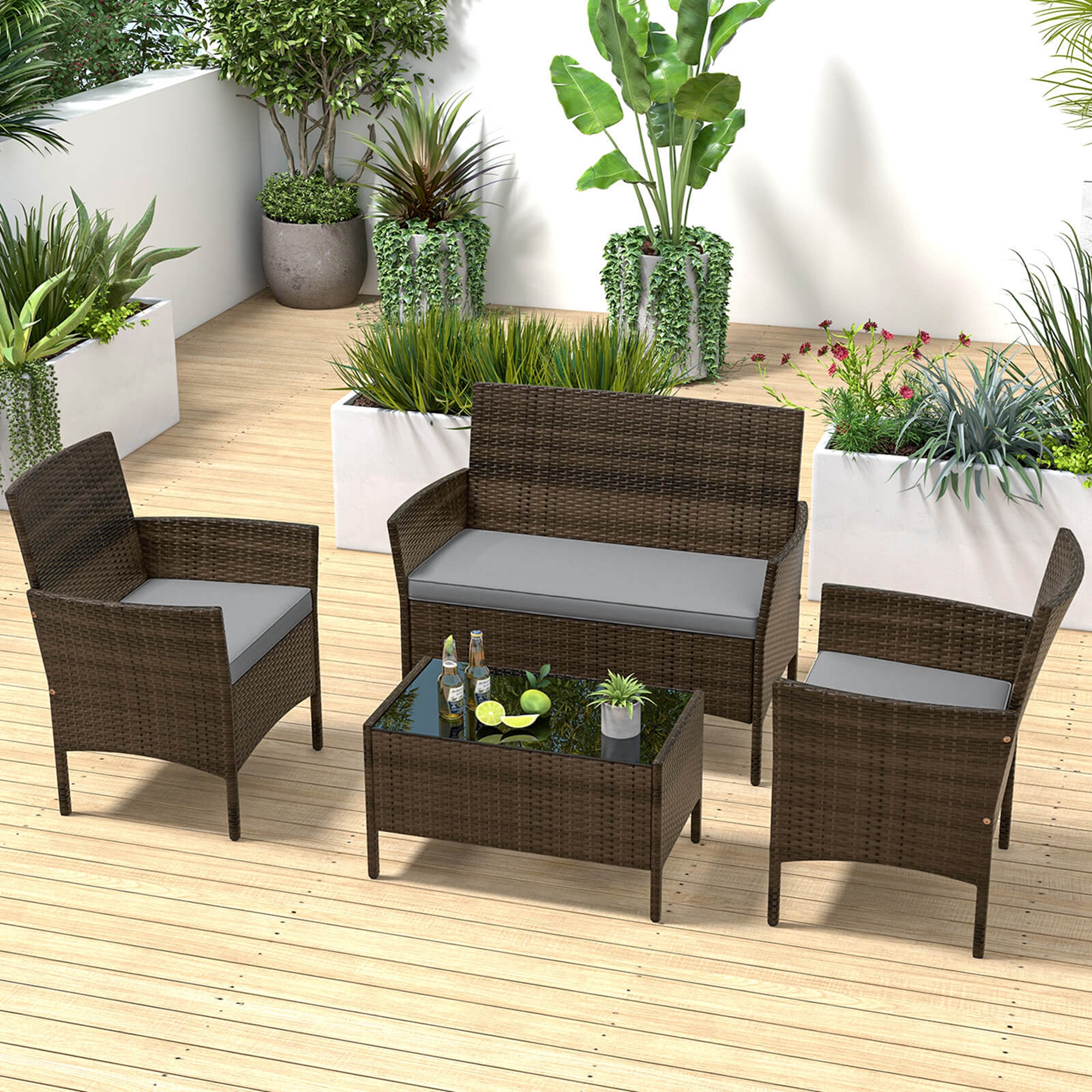 Costway 4-Piece Patio Furniture Set with Washable Cushions and Tempered Glass Coffee Table