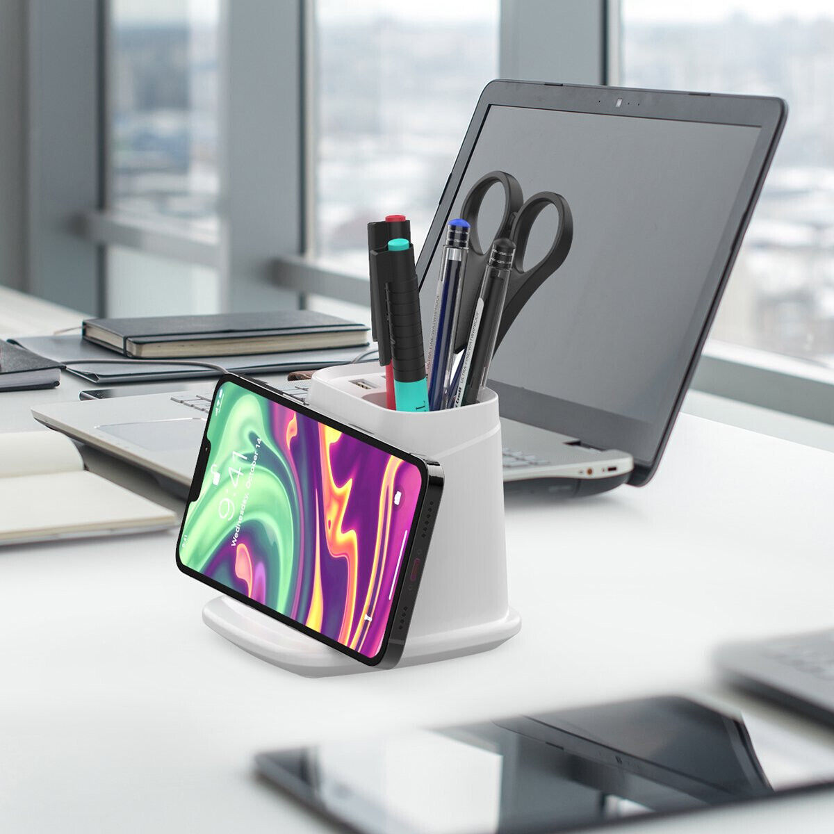 Premier® Wireless Charging Stand with Dual USB Charger & Desk Organizer