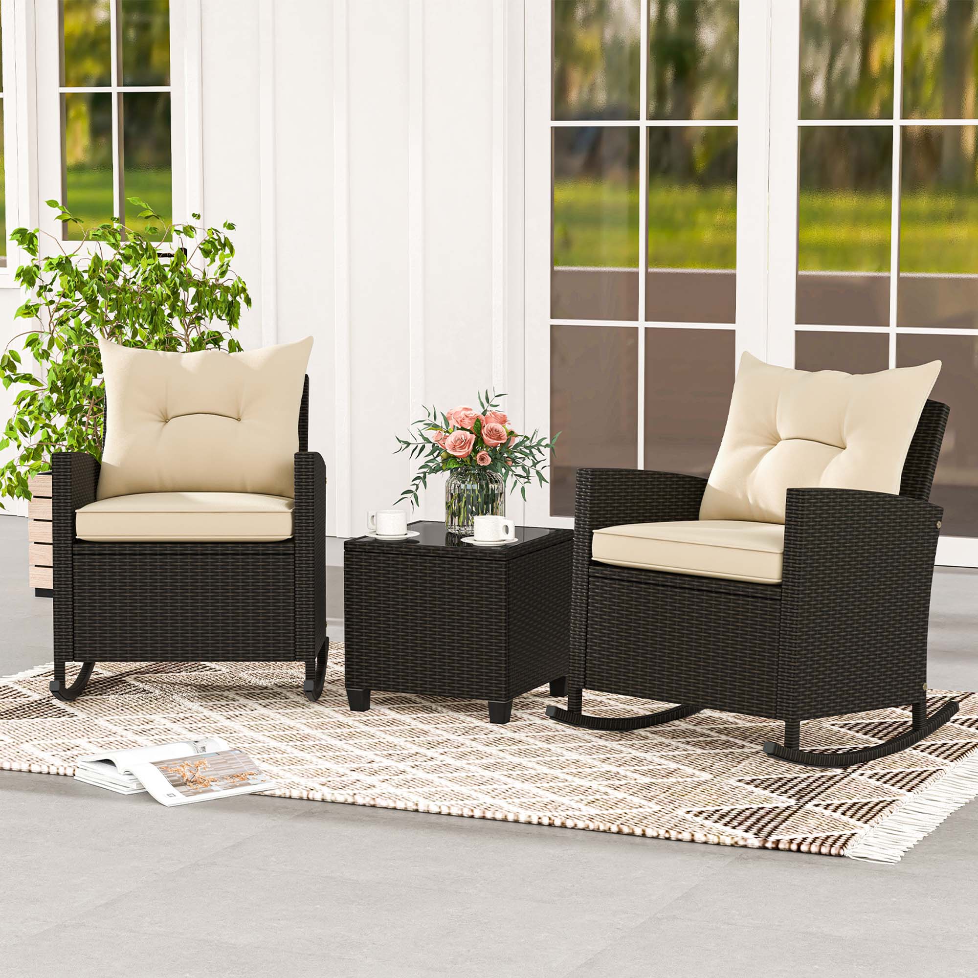 Costway 3 Piece Wicker Rocking Set with Tempered Glass Table & Soft Cushions