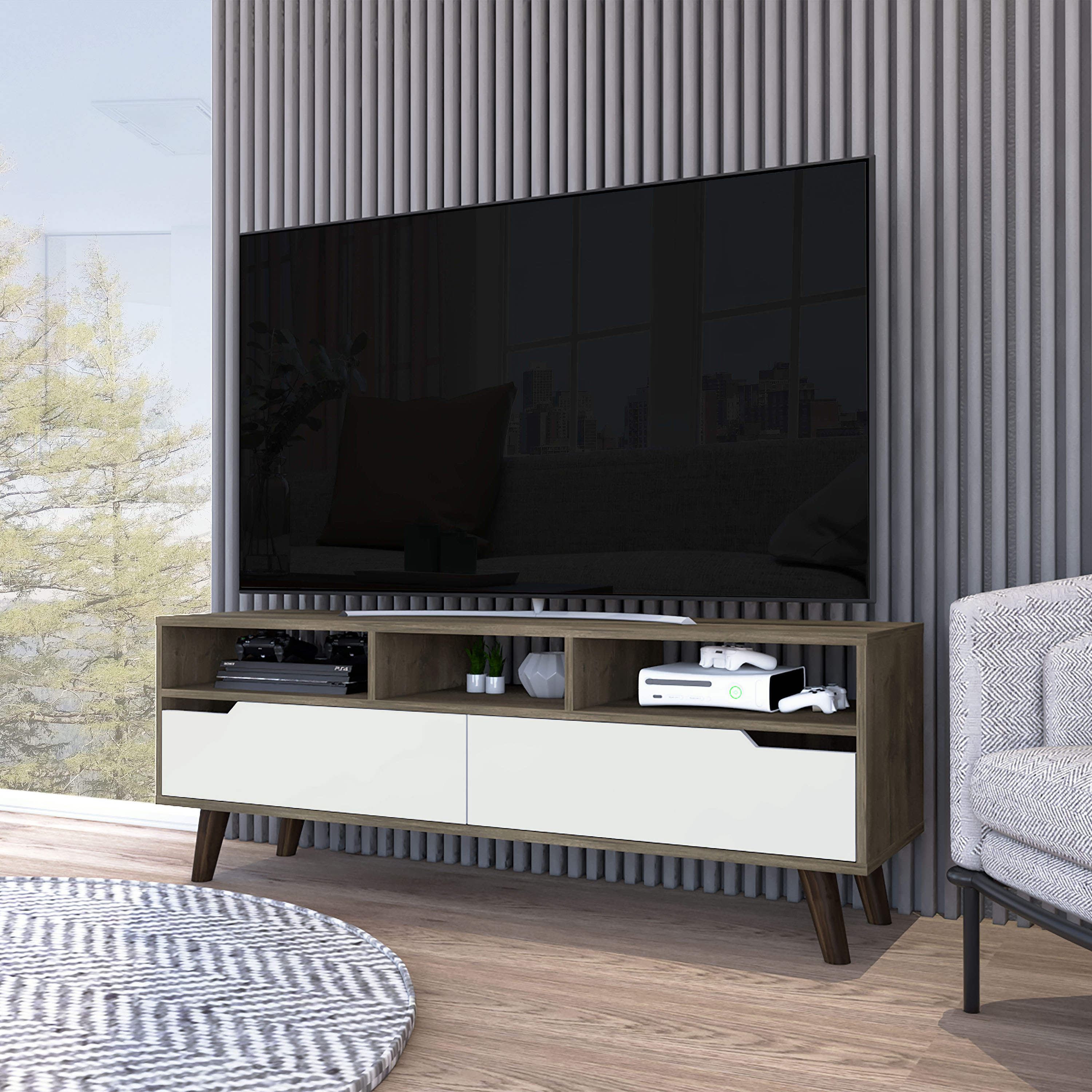 FM FURNITURE Hamburg TV Stand For TV´s up 52", Four Legs, Three Open Shelves,Two Drawers ,Dark Walnut / White