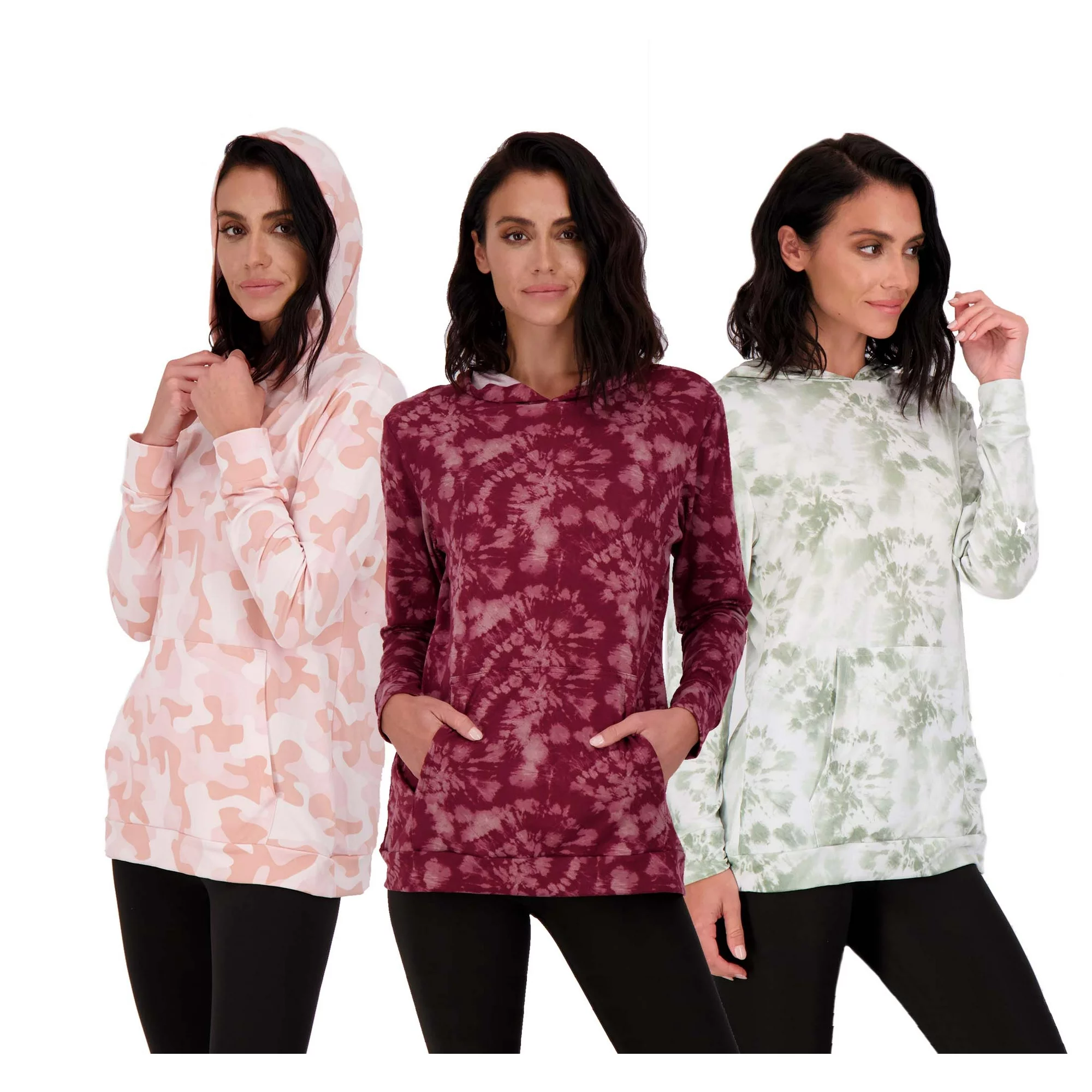 3-Pack: Women's Tye Dye Long-Sleeve Pullover Hoodies