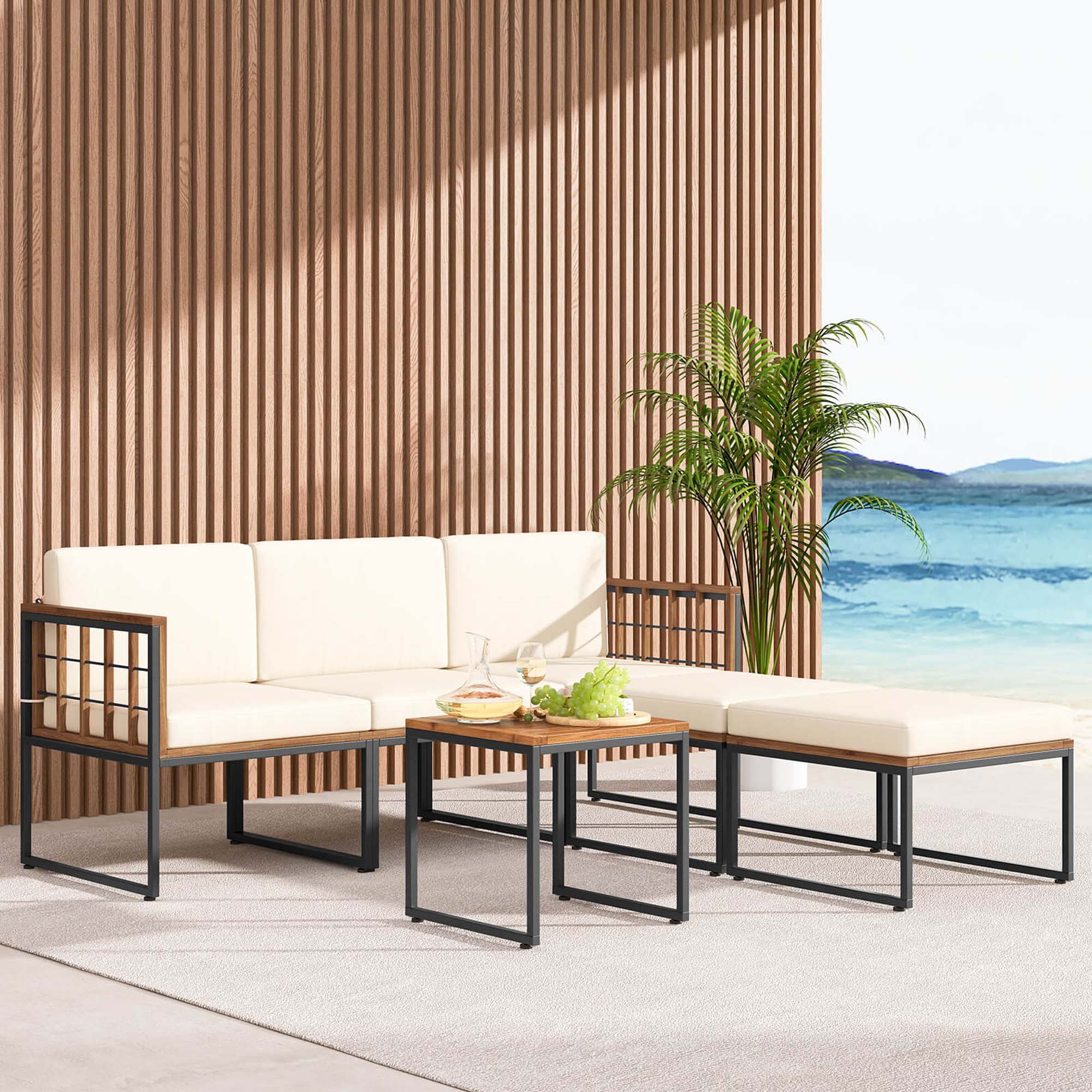 Costway 6 PCS Acacia Wood Patio Furniture Set Outdoor Sectional Conversation Sofa Set Beige