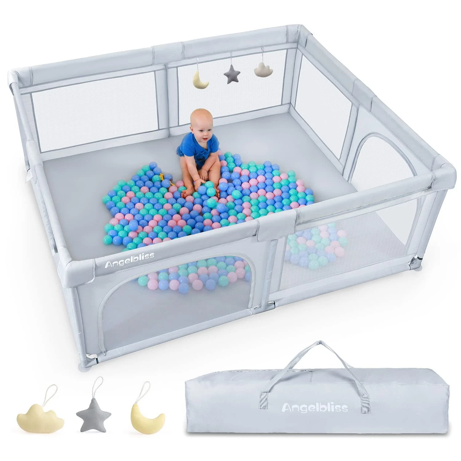 ANGELBLISS BABY PLAYPEN LARGE BABY PLAYARD INDOOR & OUTDOOR KIDS 79X63IN - GRAY