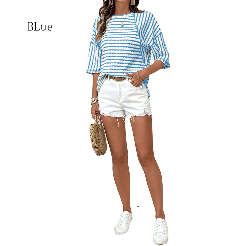 Women's Color Block Striped T-Shirt – Casual Short Sleeve Crewneck Summer Top