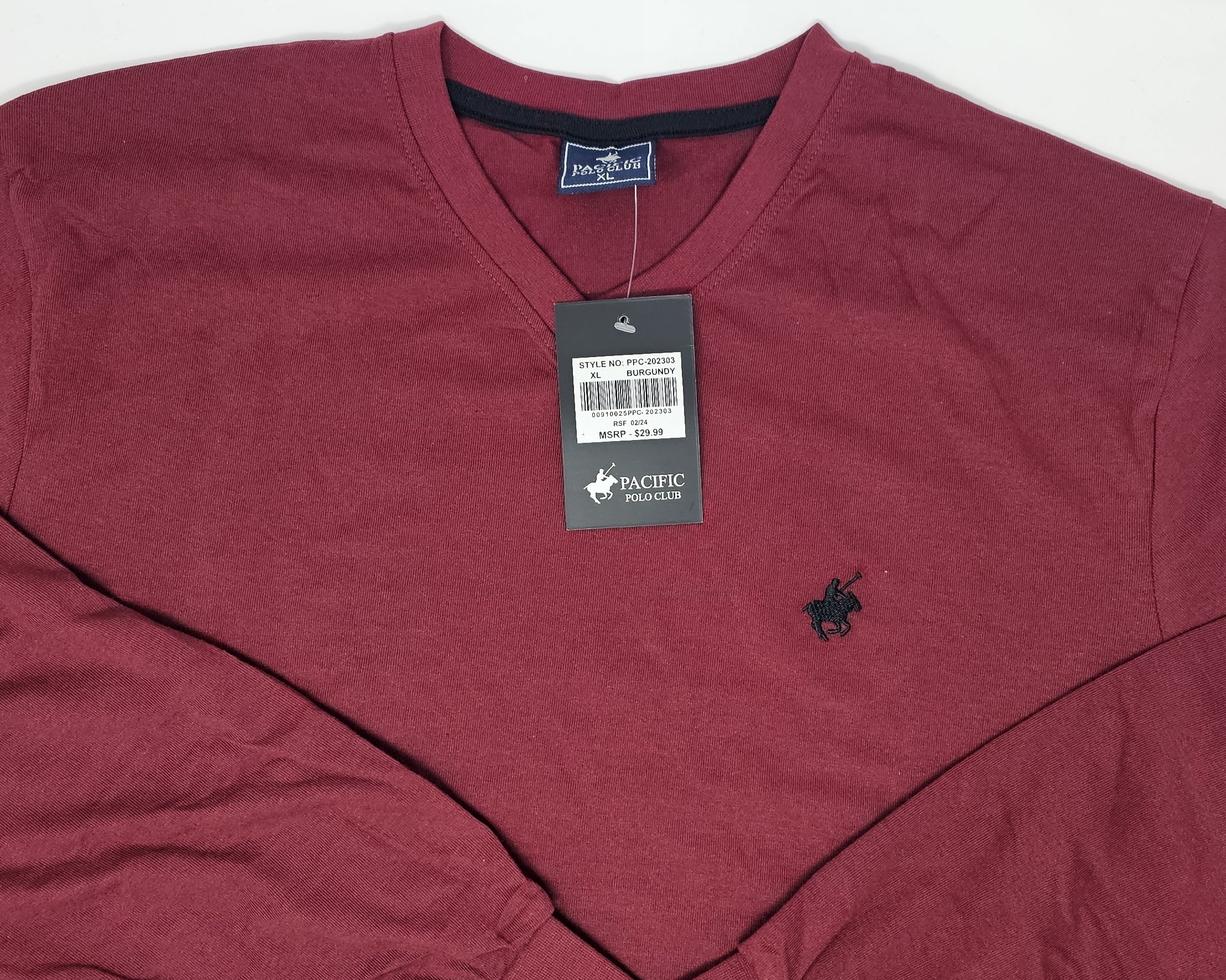 PACIFIC POLO CLUB MEN'S LONG SLEEVE T-SHIRT - SIZE: MEN XL - BURGUNDY - V NECK