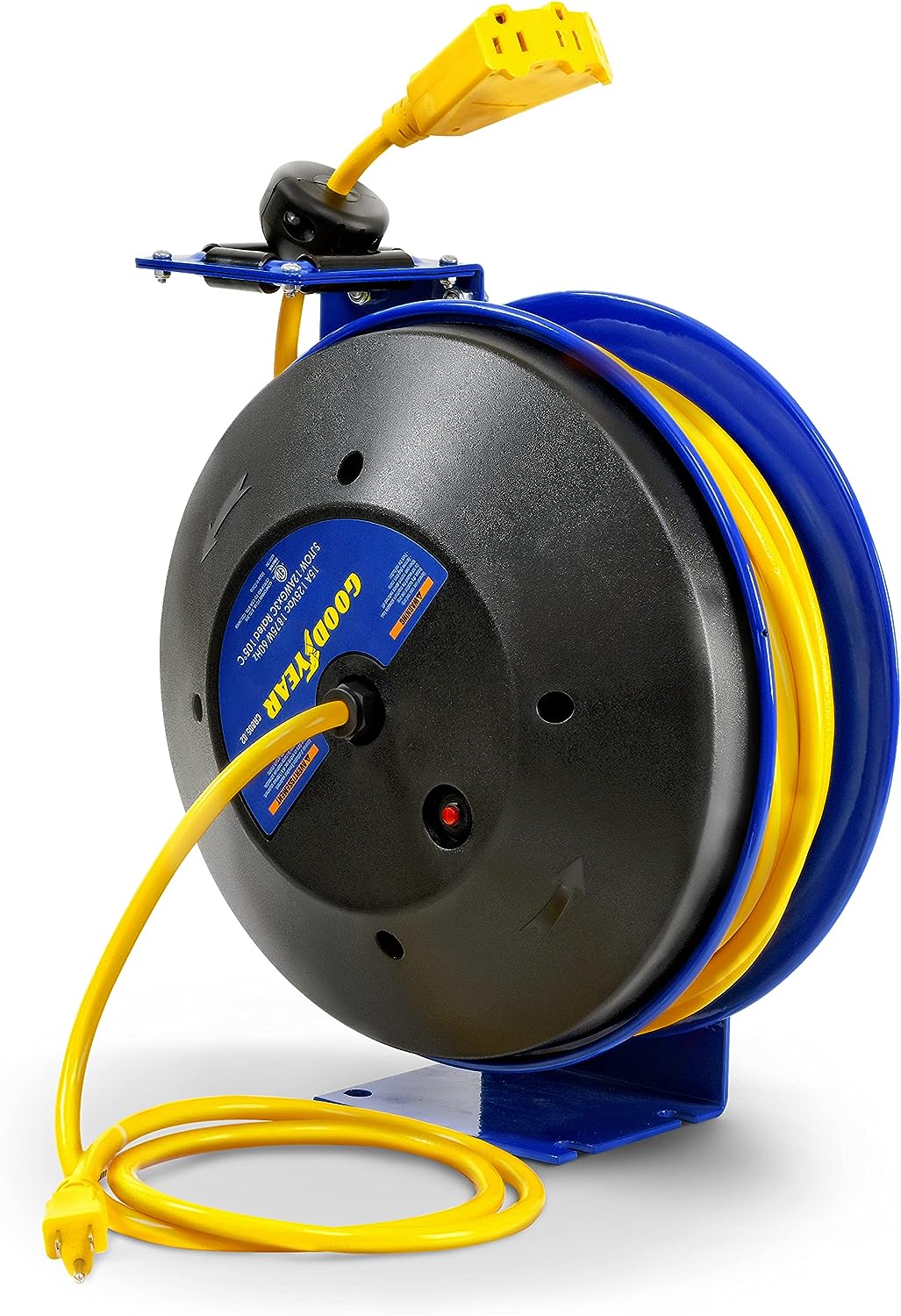 Goodyear Extension Cord Reel Retractable 12AWG x 50' Feet 3C SJTOW Cable Triple Tap Connector