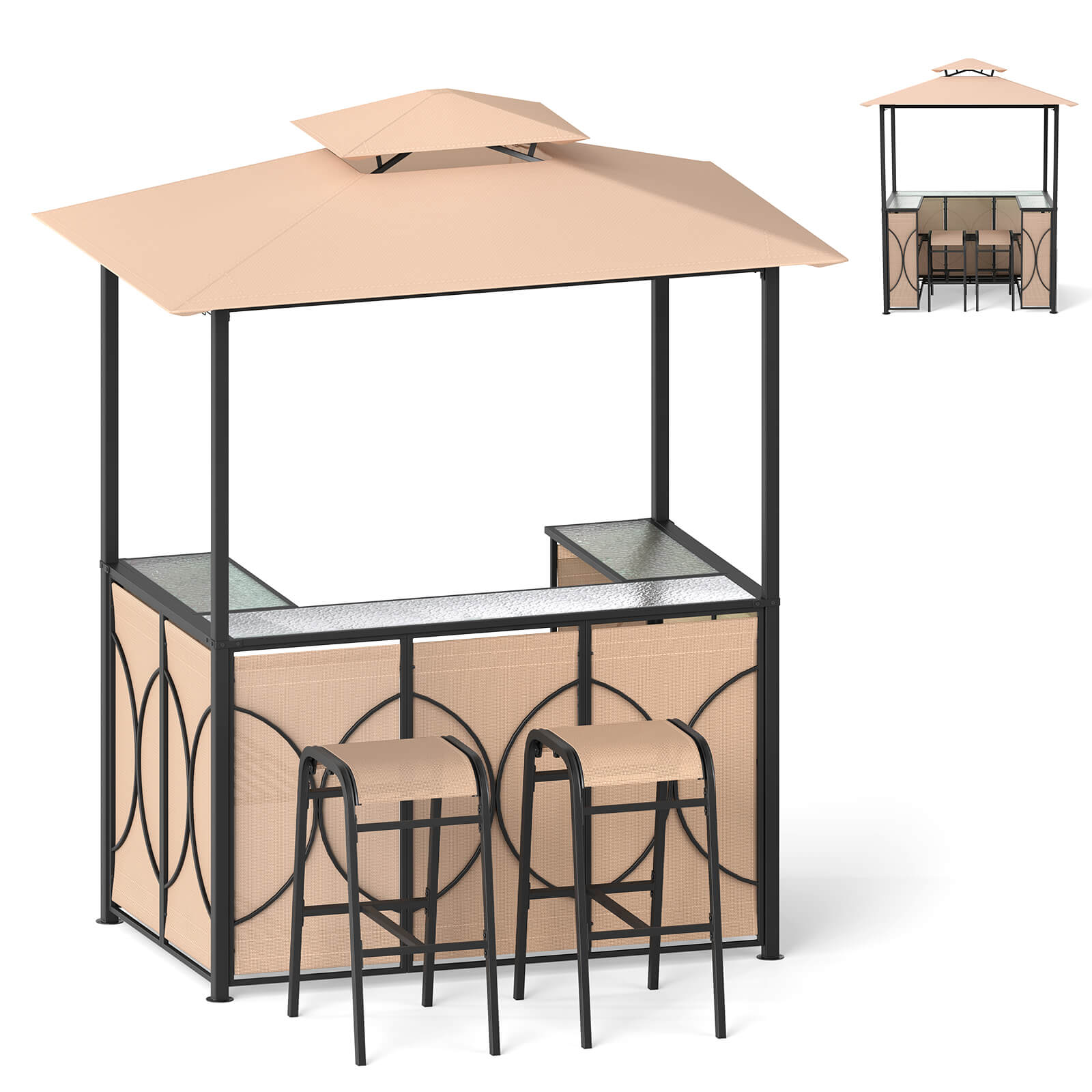 Costway 6.5x4ft Grill Gazebo Set with 2 Bar Stools & Glass Table