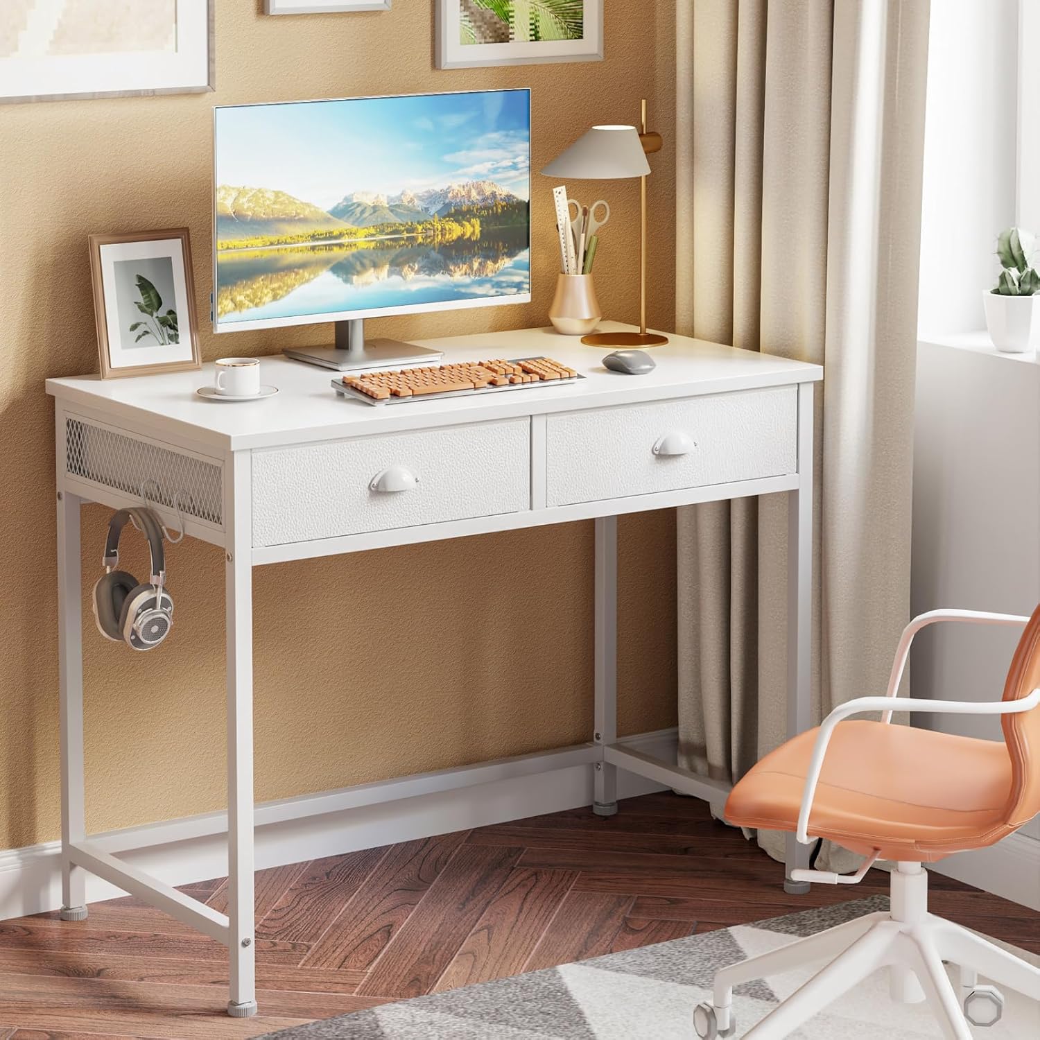 White Small Computer Desk with 2 Fabric Drawers 36 Inch Simple Home Office Writing Desk Offices Desks