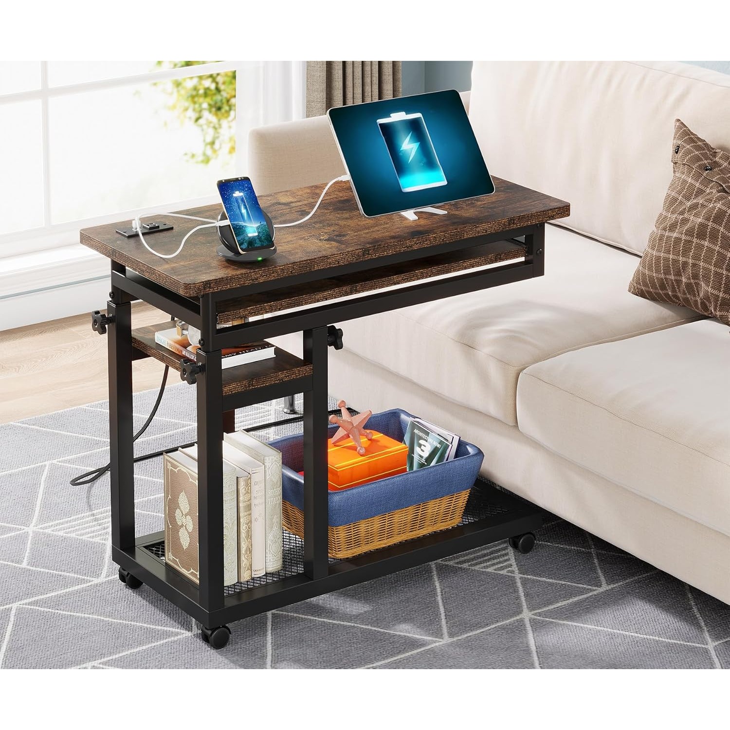 Small Portable Desk with Power Outlet, Height Adjustable - Rolling C Table with USB Ports