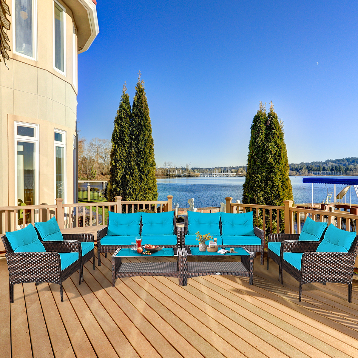 8 Piece Set: Costway Rattan Outdoor Patio Set W/ Tables