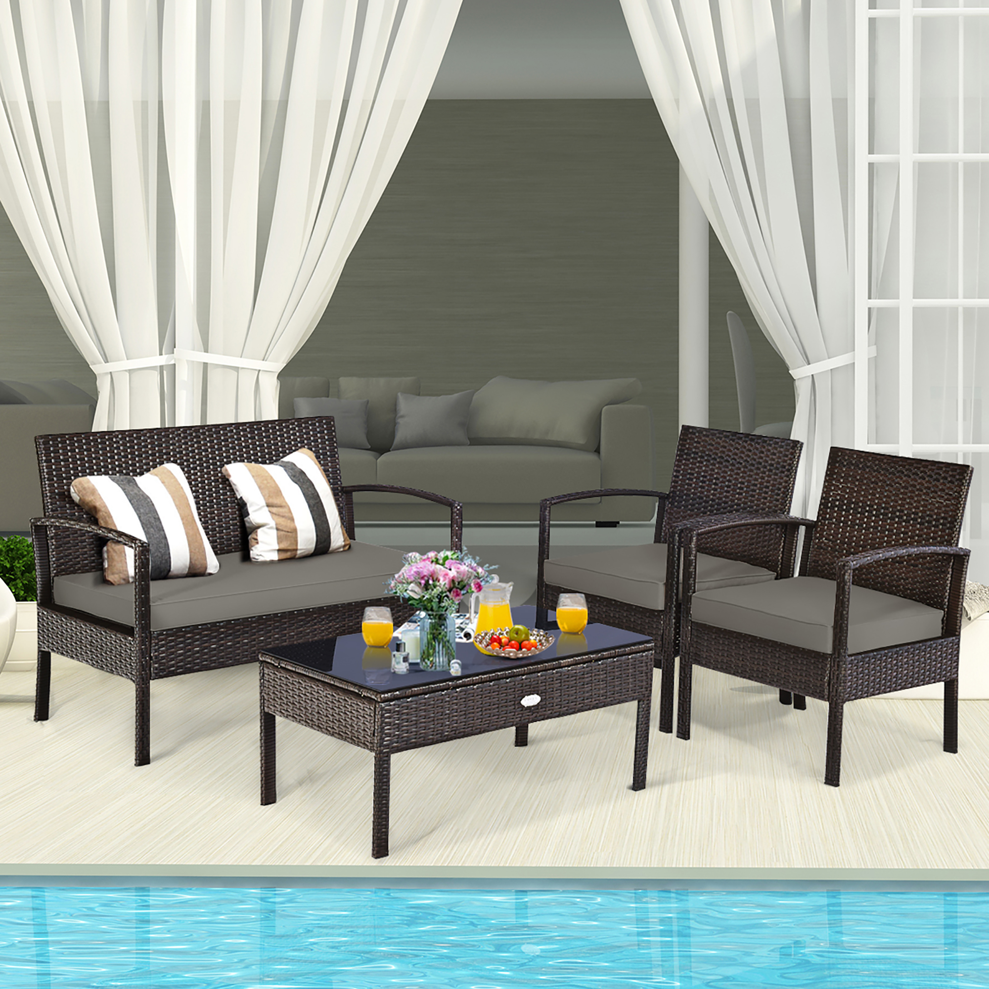 Costway 4PCS Patio Rattan Wicker Furniture Set Loveseat Sofa Cushioned Garden Yard Brown/Grey