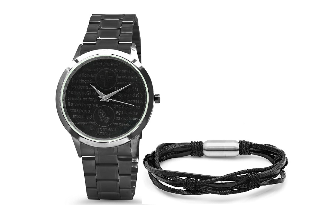 Bracelet & Watch Set W/ Black Woven Leather Bracelet